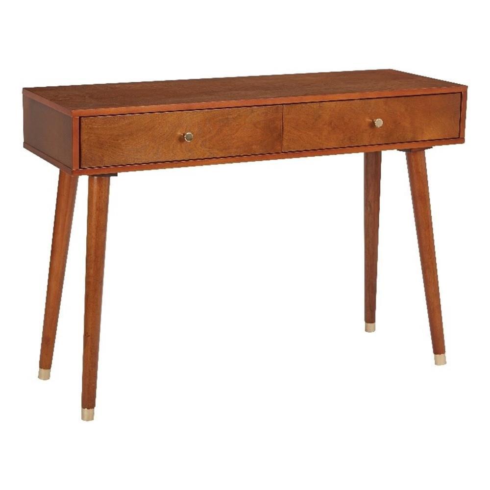 OSP Home Furnishings Cupertino Console Table Light Walnut: Mid-Century Modern, 2 Drawers, Wood Frame