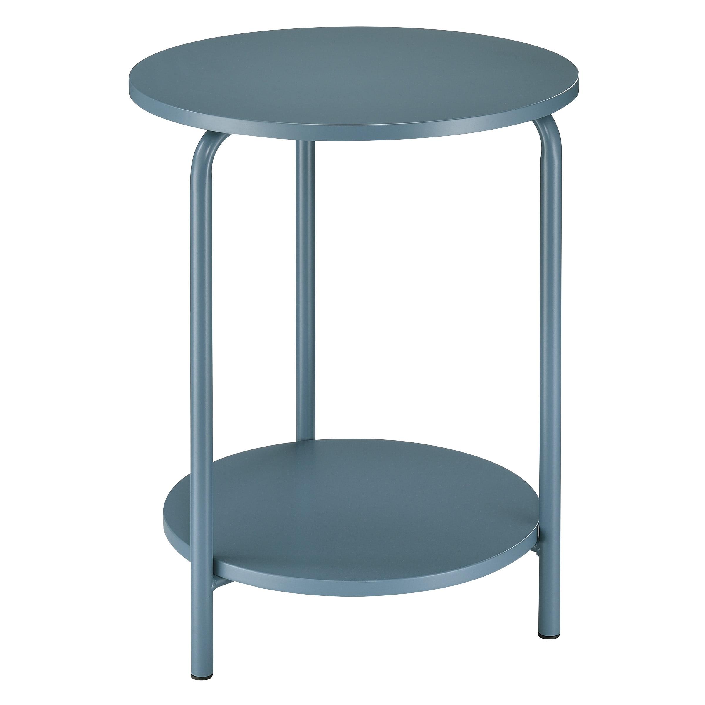 Round Bluestone Blue Metal & Wood 2-Shelf Side Table