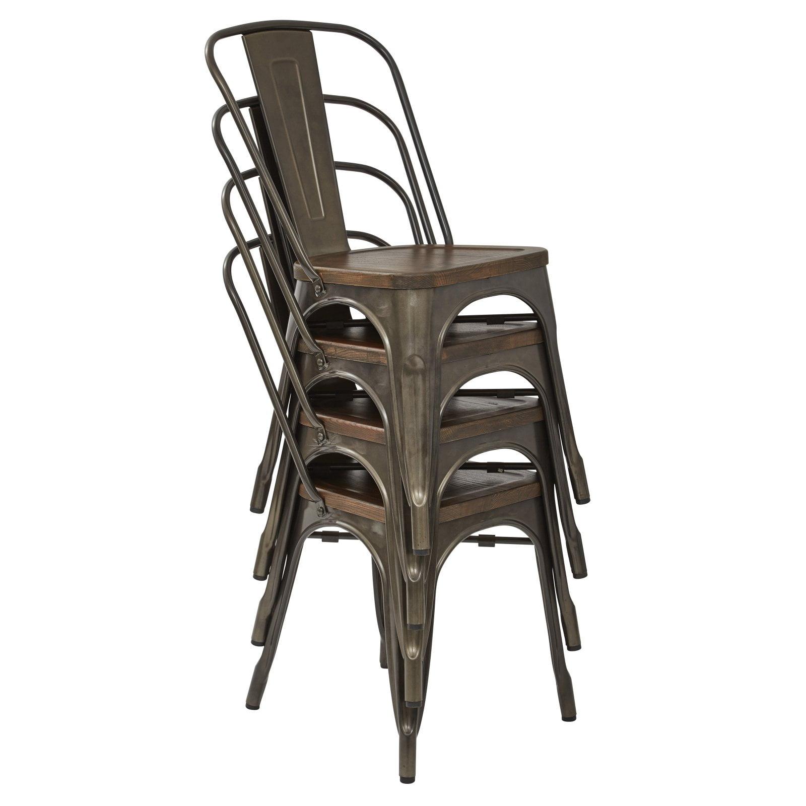 OSP Home Furnishings Indio Metal Chair with Vintage Ash Walnut Wood Seat and Matte industrial steel Finish Frame 4 Pack