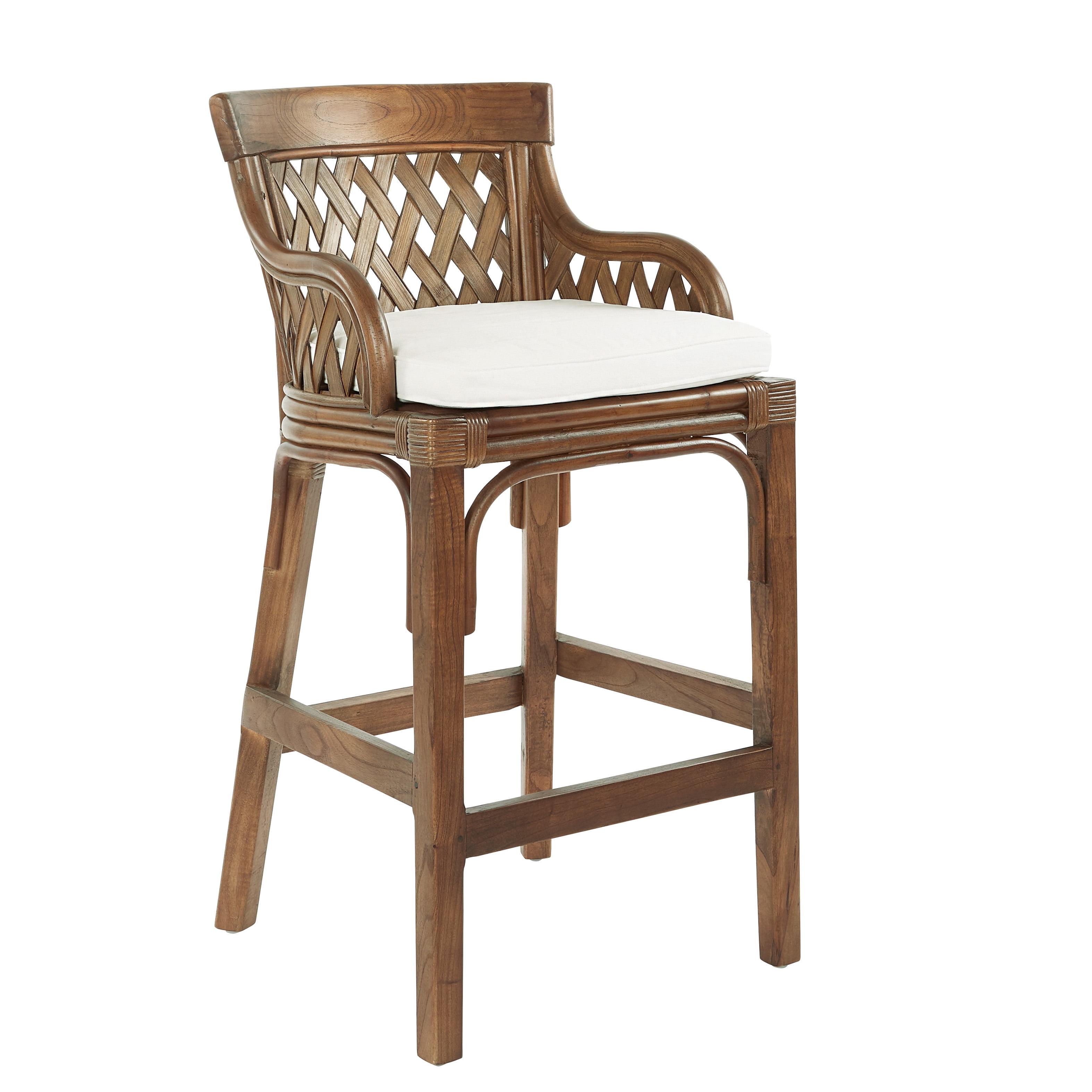 Antique Brown Rattan Bar Stool with White Cotton Cushion