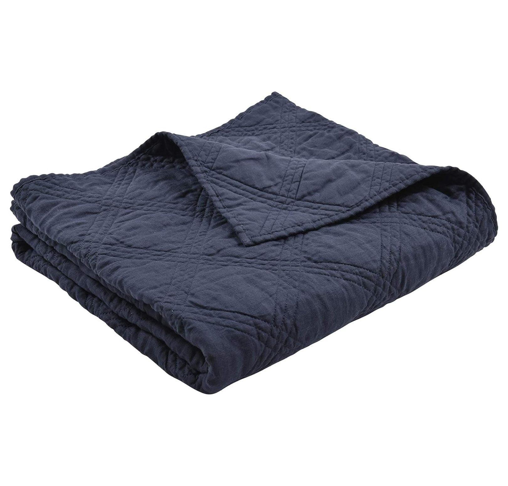 Navy Linen and Cotton Quilted Throw Blanket