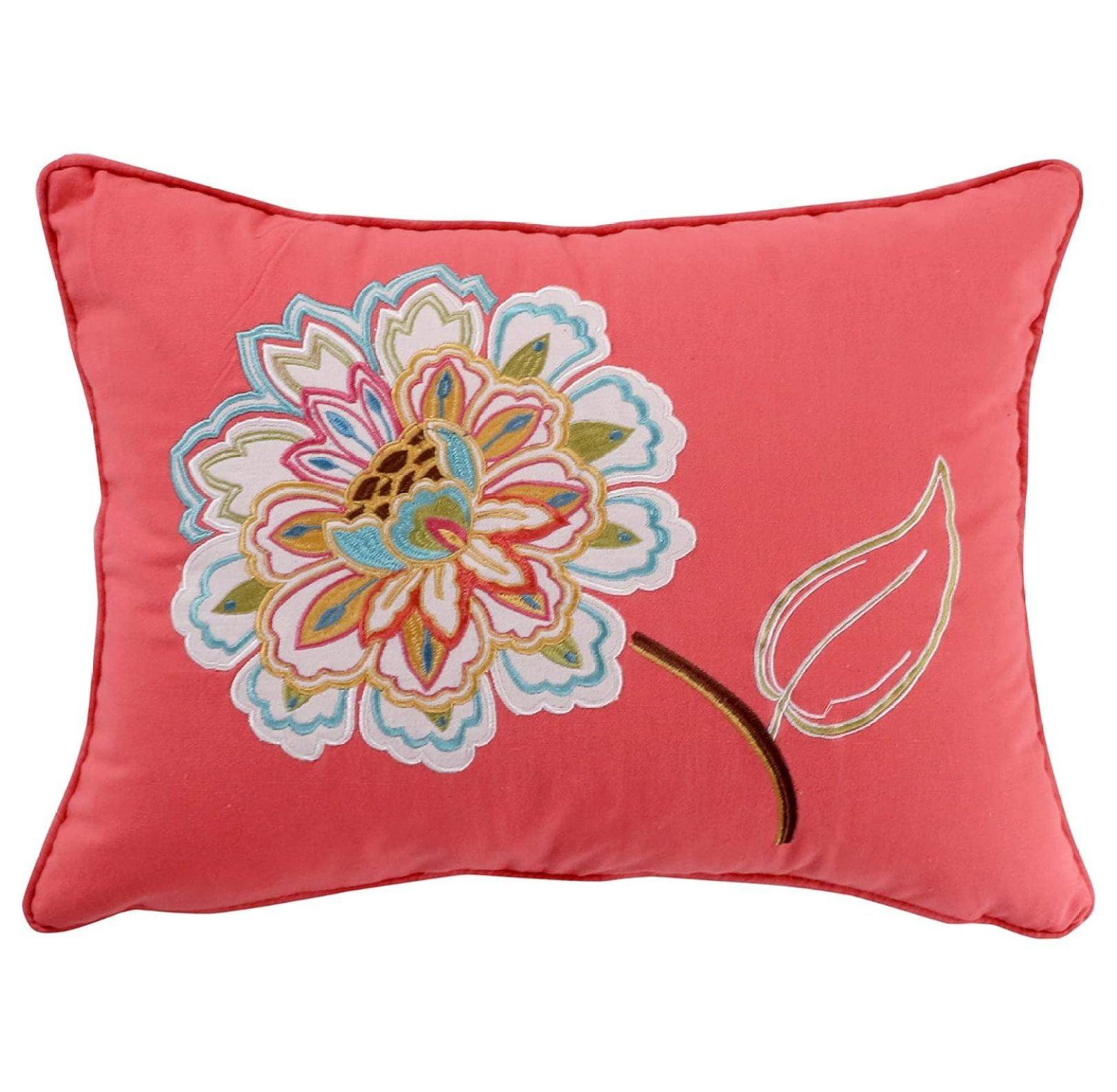 Coral Embroidered Floral Lumbar Pillow with Feather Fill