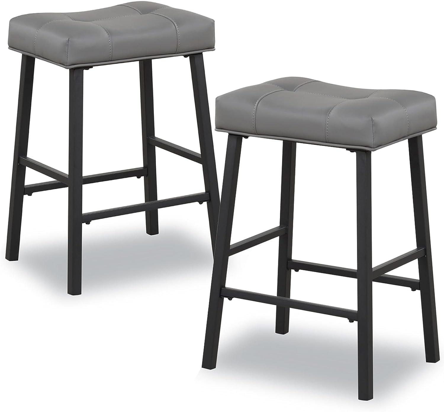 OUllUO Counter Height Bar Stools Set of 2, 24 Inch Backless Saddle Bar Stools, Upholstered Padded Gray Barstools for Kitchen Counter, Home Bar, Dining Room, Black Metal Barstools, KR302PDG