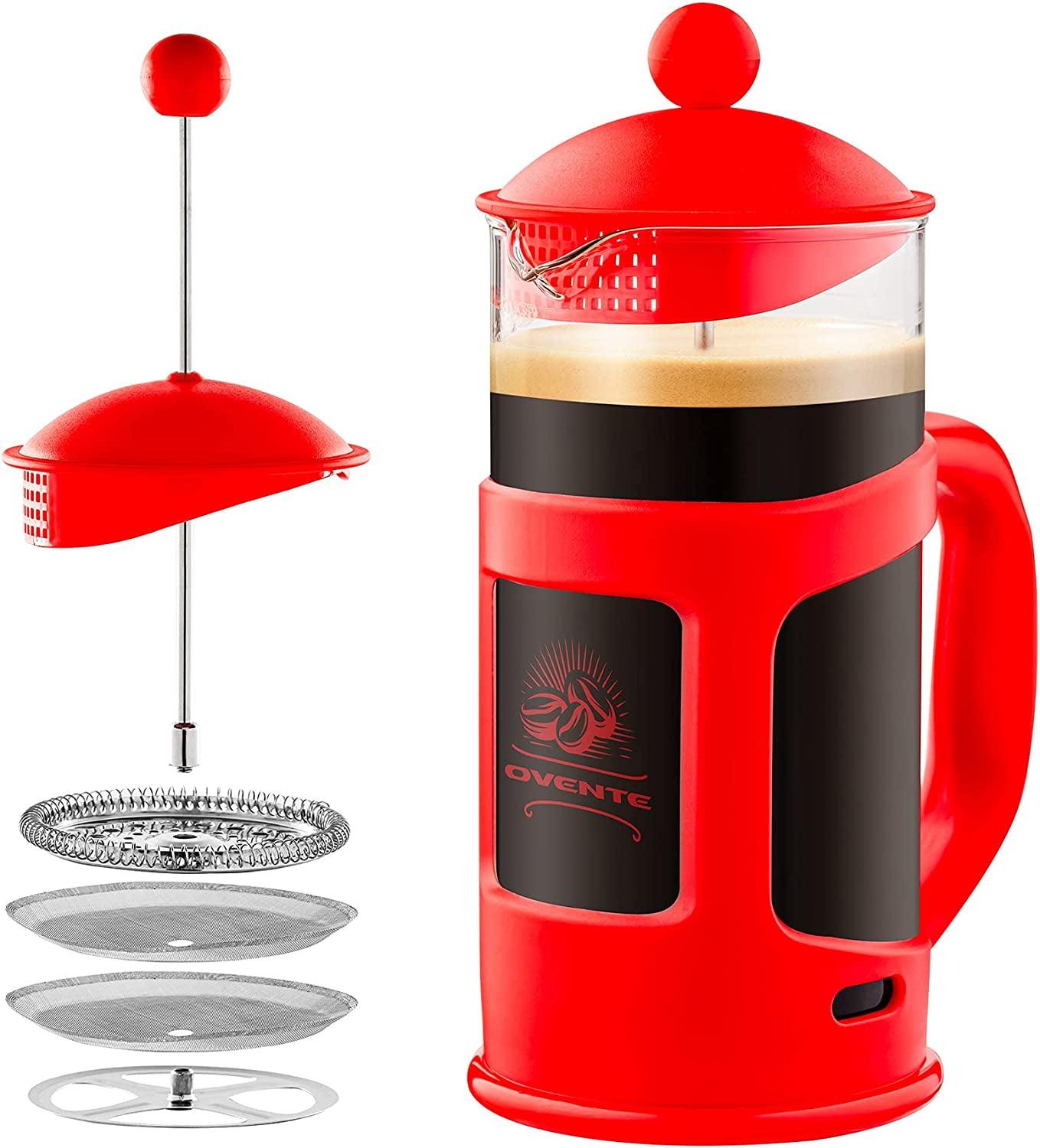 Ovente FPT34R OVENTE French Press Coffee Maker, Heat Resistant Borosilicate Glass with 4 Filter Stainless-Steel System, BPA-Free Portable Pitcher Perfect for Hot & Cold Brew