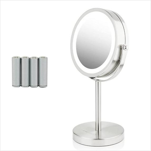 Ovente OVENTE 6" Lighted Makeup Mirror with 1X/7X Magnification, Cordless Tabletop Mount Vanity Round Mirror with 360° Swivel Design and Double Sided Cool Tone LED Ring Light, Nickel Brushed MLT60BR1X7X