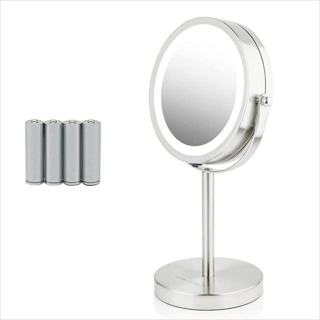 Ovente OVENTE 6" Lighted Makeup Mirror with 1X/7X Magnification, Cordless Tabletop Mount Vanity Round Mirror with 360° Swivel Design and Double Sided Cool Tone LED Ring Light, Nickel Brushed MLT60BR1X7X