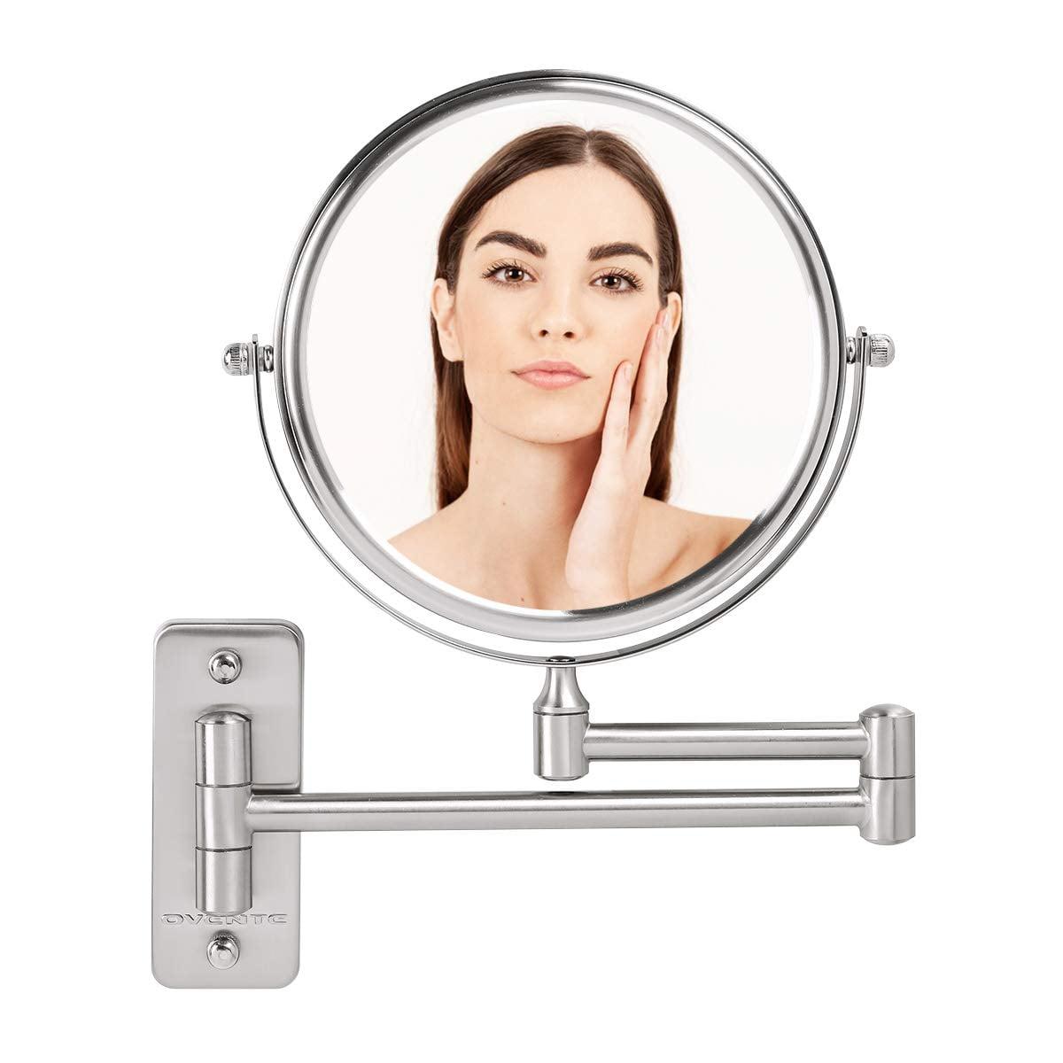 OVENTE 7" Wall Mounted Makeup Mirror - 1X/ 7X Magnification, Rotating 360-Degree, Double-Sided, Extendable & Folding Arm, Clear-View Bathroom & Vanity DÃ©cor, Classic Nickel Brushed MNLFW70BR1X7X