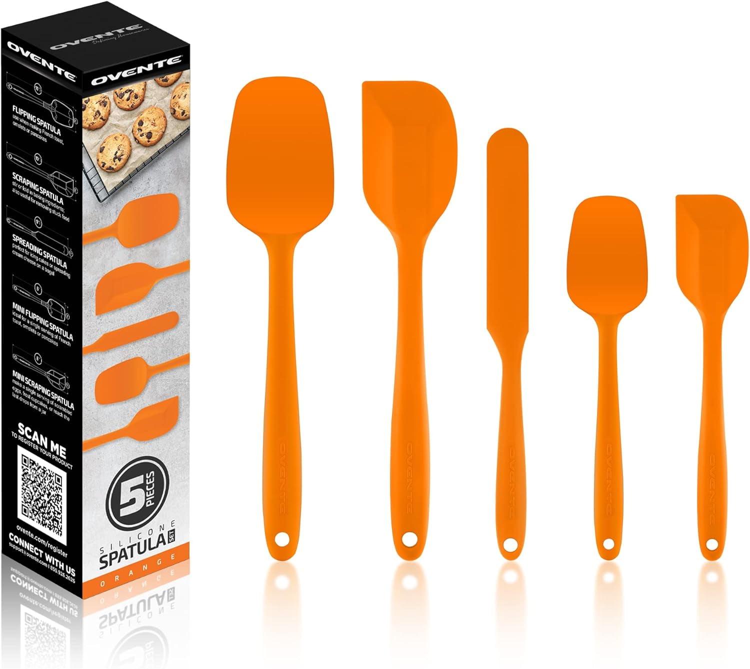 OVENTE Silicone Cooking Utensils Set - Food Grade Rubber Spatulas Heat Resistant w/ Stainless Steel Core & Seamless Design - 5pcs Orange SP12305O