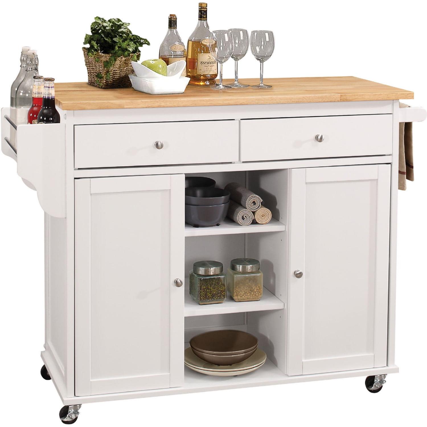 Charming Cottage-Style Natural & White Kitchen Cart with Wine Storage