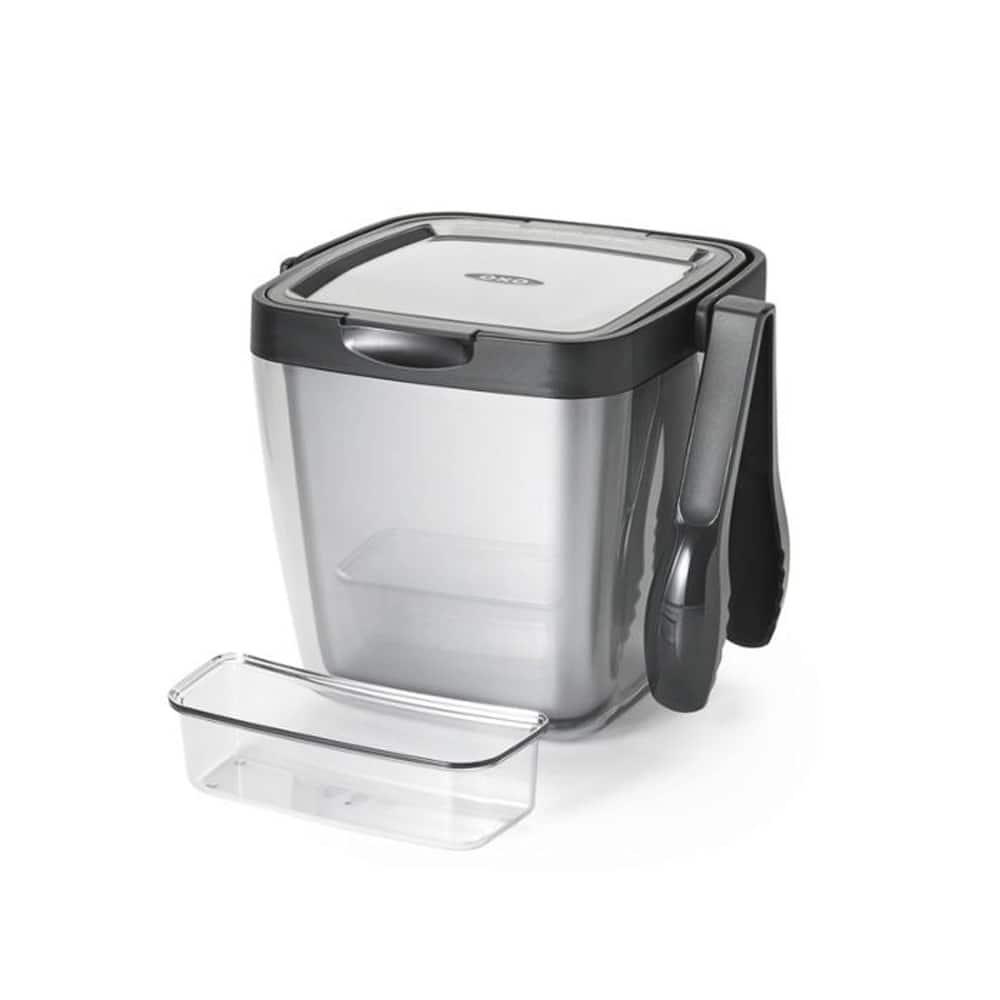 Gray Plastic Insulated Ice Bucket with Lid and Tongs