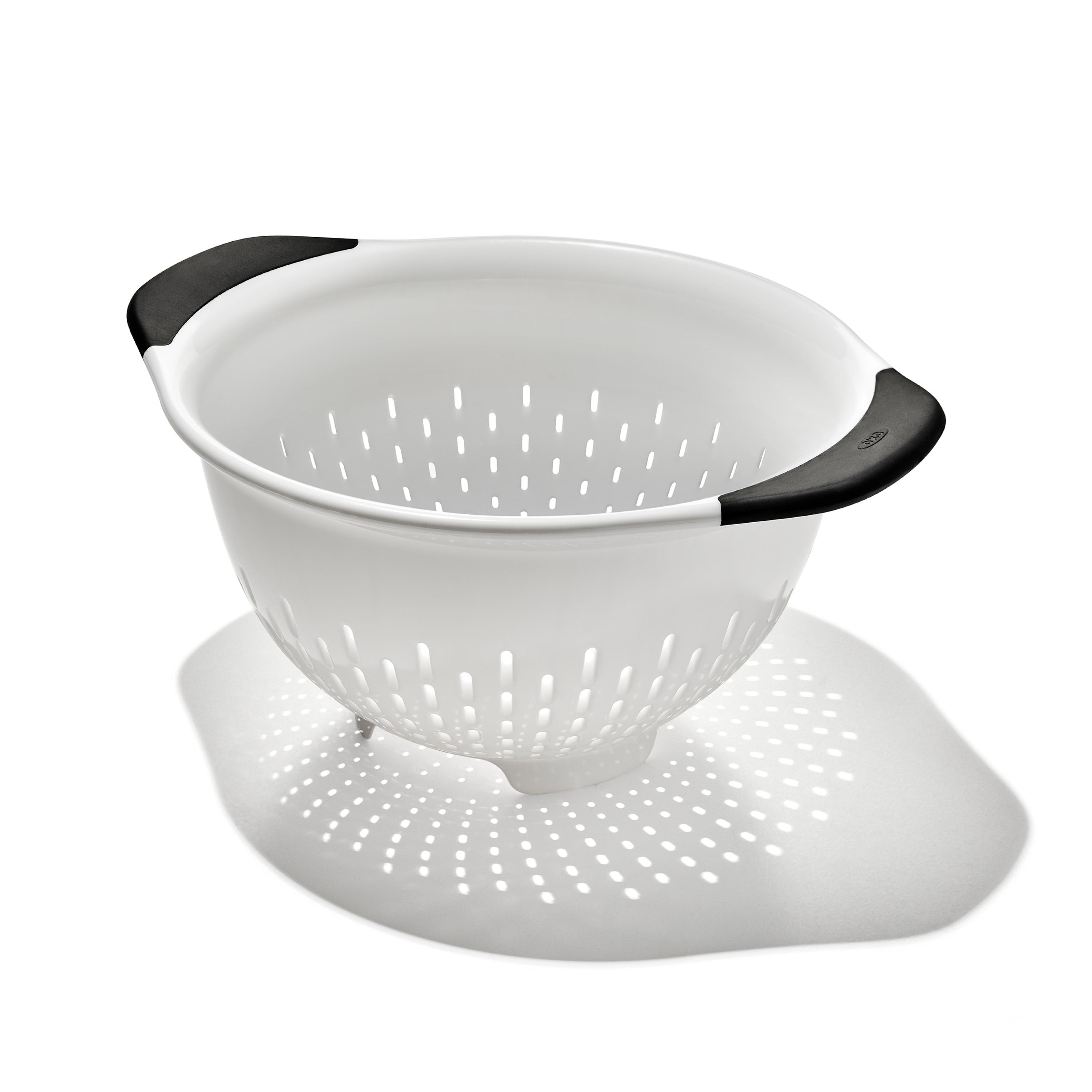 OXO Softworks Colander with Black Handles: 3 Qt White Plastic Strainer, Dishwasher-Safe Kitchen Drainer