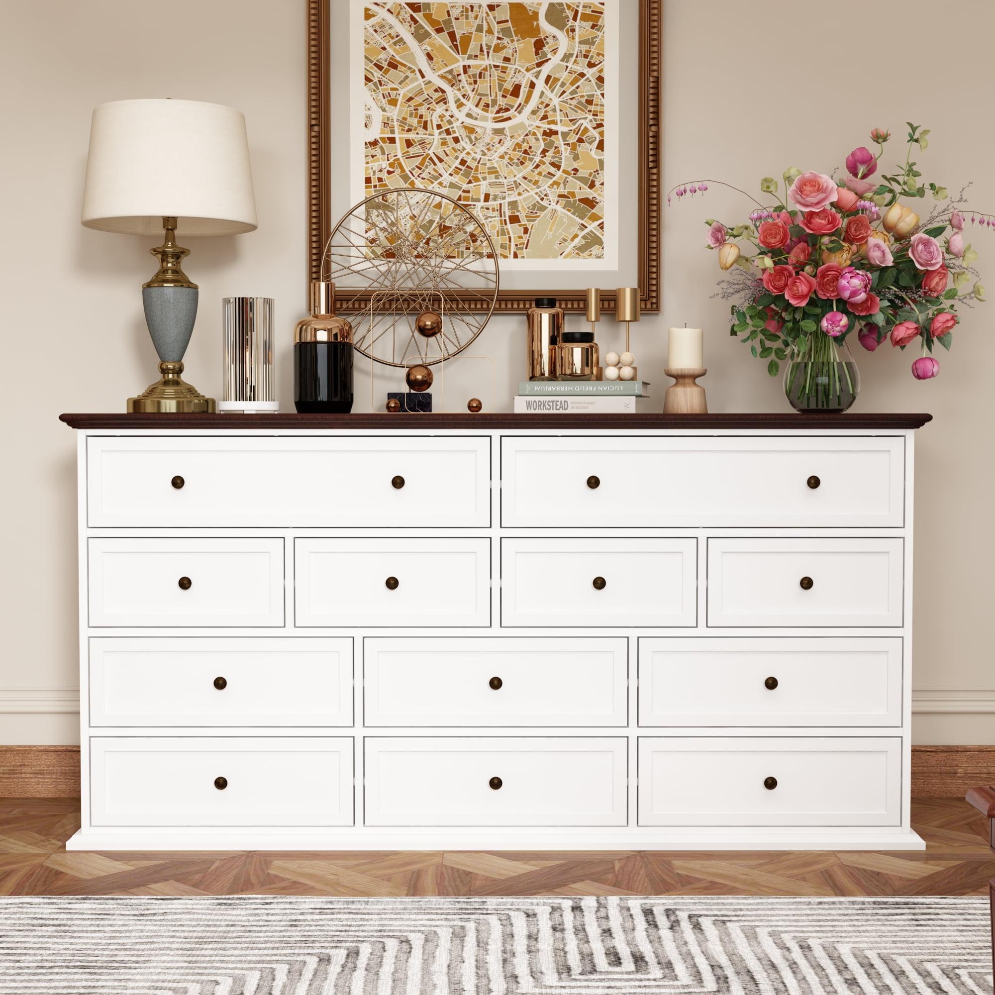 White and Brown 12-Drawer Solid Wood Dresser