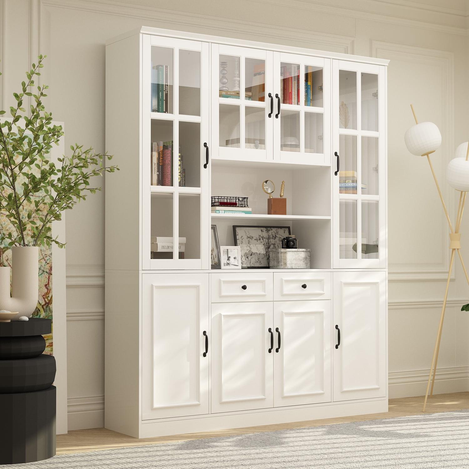 White Gloss 78.7" Kitchen Pantry Cabinet with Glass Doors and Drawers