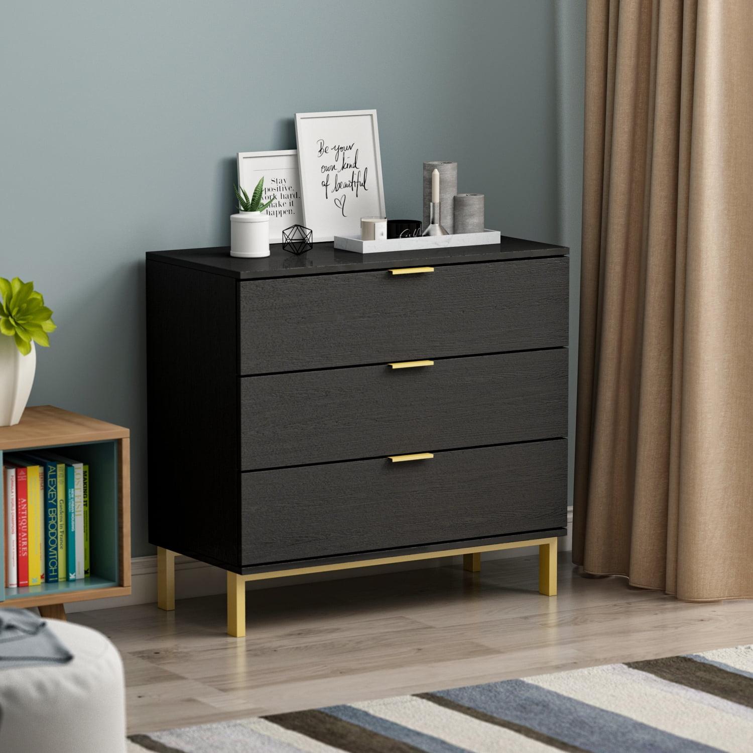 Black MDF Coastal 3-Drawer Chest with Gold Accents