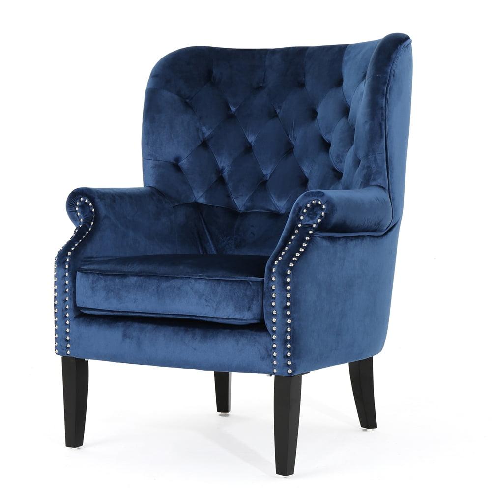 Dark Blue Velvet Quilted Tufted Accent Chair with Wooden Legs