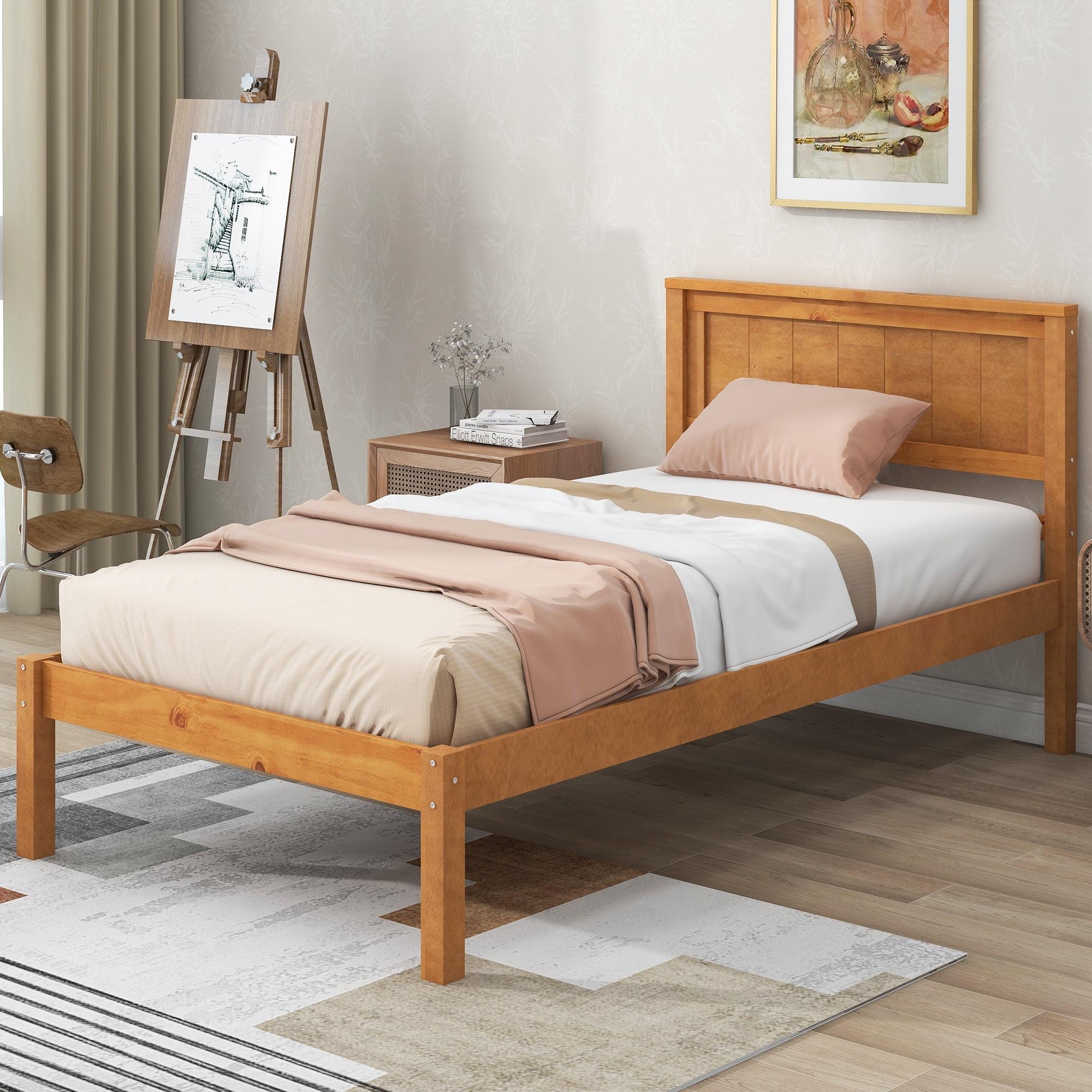 Oak Twin Platform Bed Frame with Headboard and Wood Slats