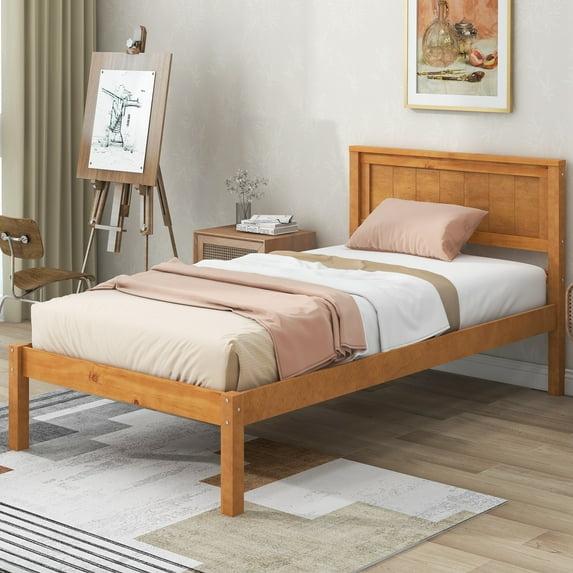 Oak Twin Platform Bed Frame with Headboard and Wood Slats
