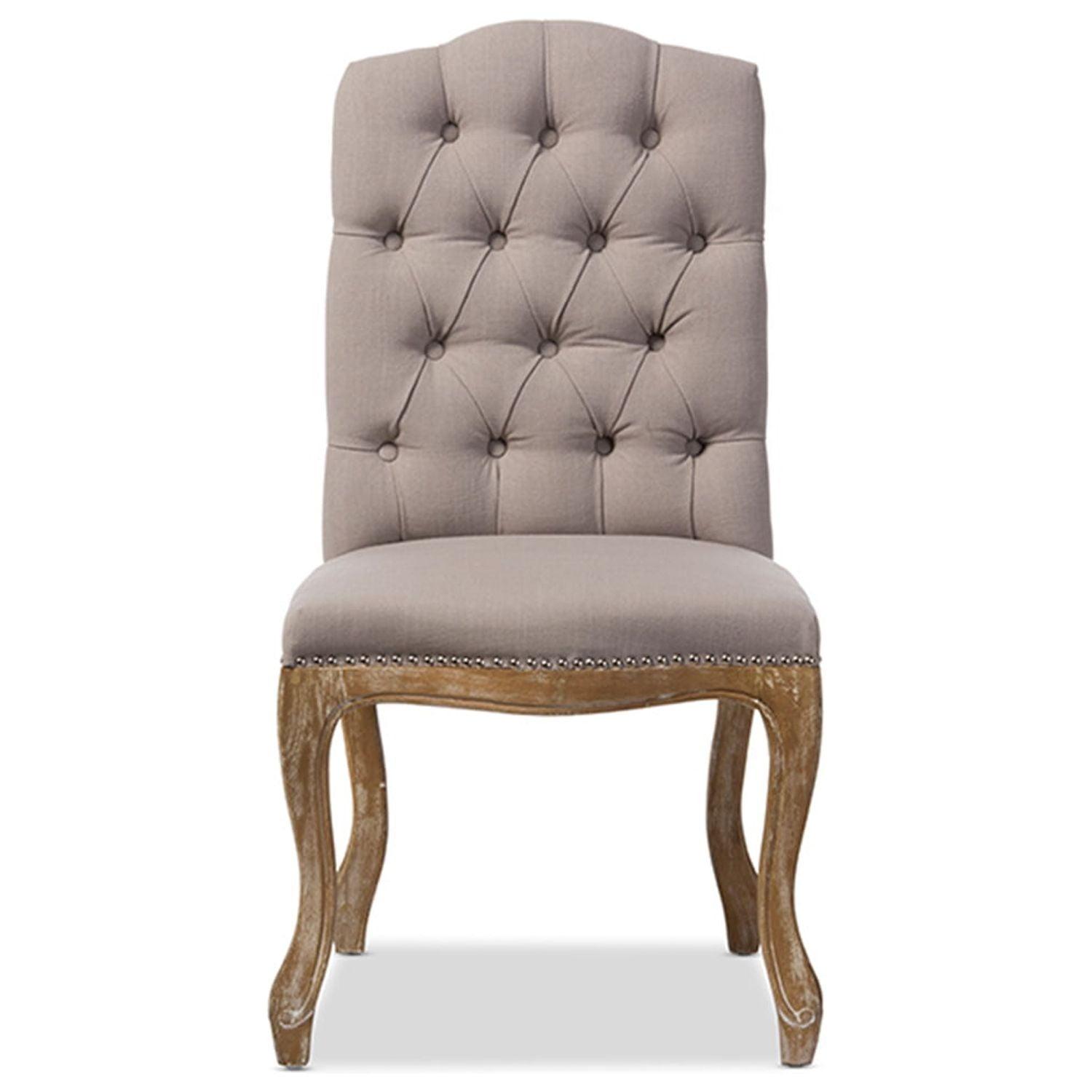 Hudson Weathered Oak Finish and Fabric Button Tufted Upholstered Dining Chair Beige - Baxton Studio: French Country Cottage Style