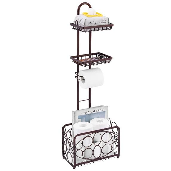 Toilet Paper Holder Tissue Rack Stand With Magazine Toilet Roll Storage Basket- Freestanding, Bronze Metal