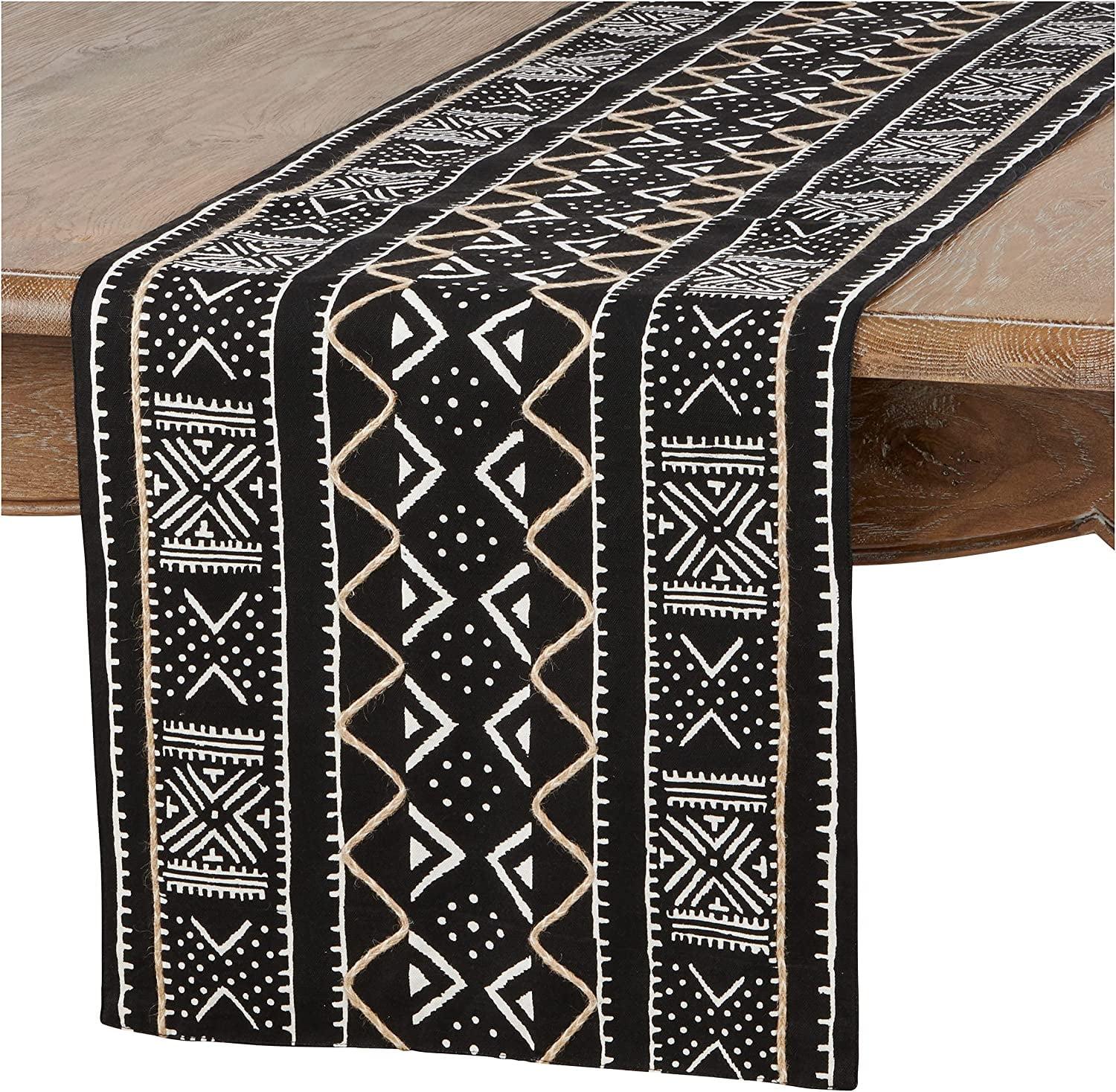 Black and White Cotton Mud Cloth Table Runner, 16" x 108"