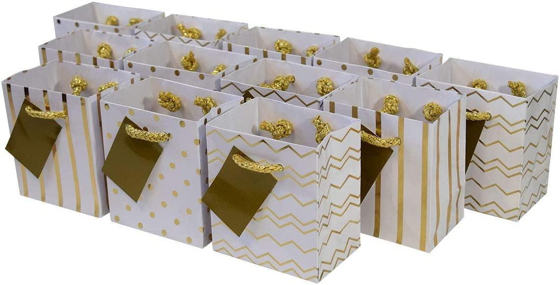 Gold and White Mini Paper Gift Bags with Handles, 12 Pack