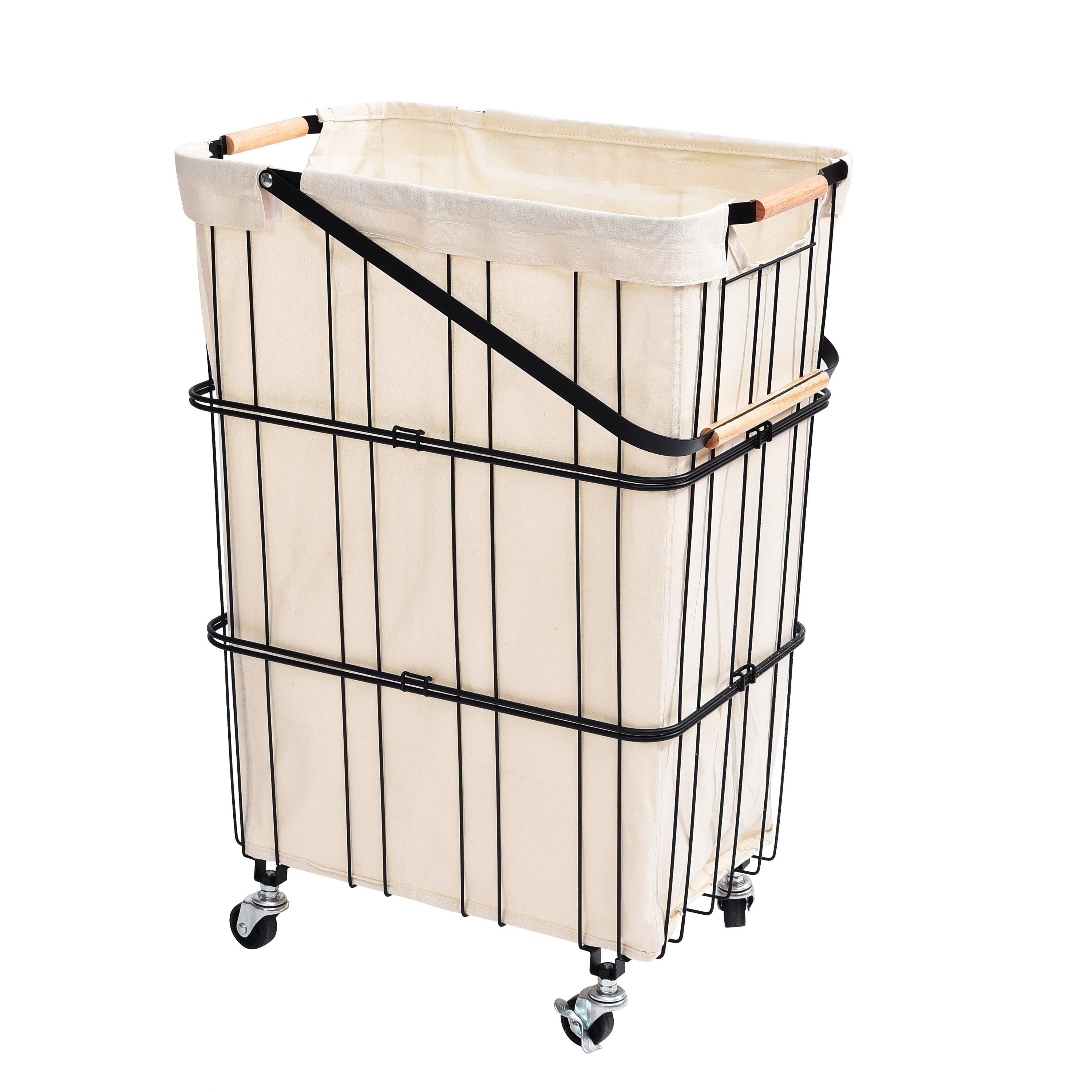 Compact White Metal Rolling Laundry Basket with Handle