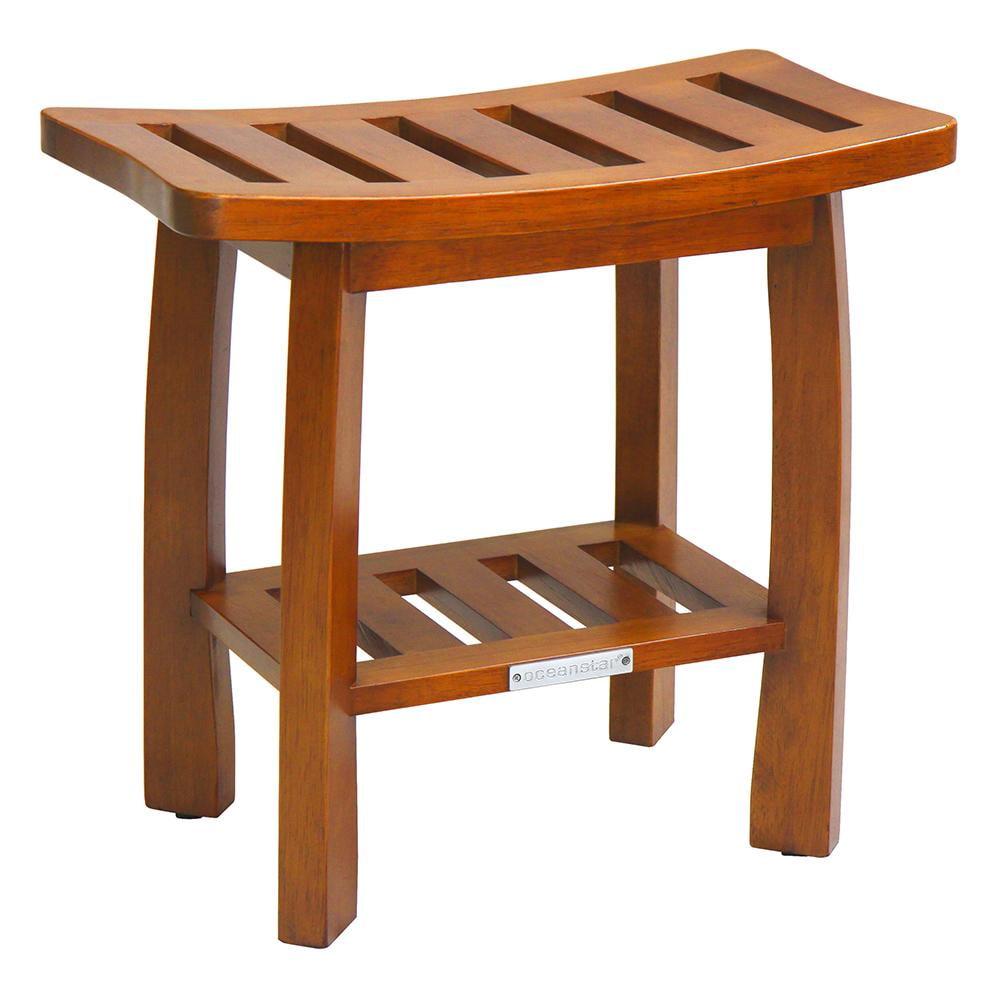Teak Wood Curved Spa Shower Bench with Storage, Modern Compact Design