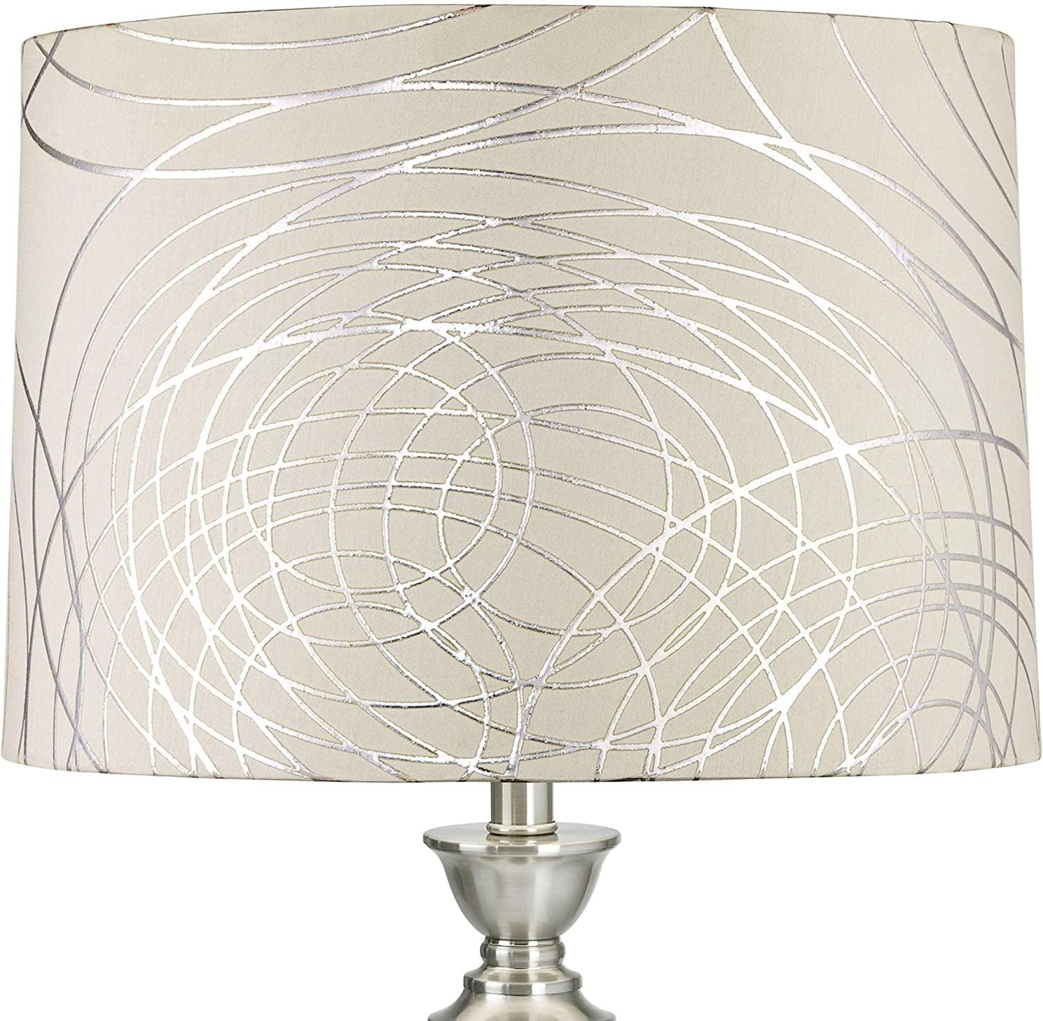 Elegant Off-White Drum Lamp Shade with Silver Graphic Lines 15"x16"x11"