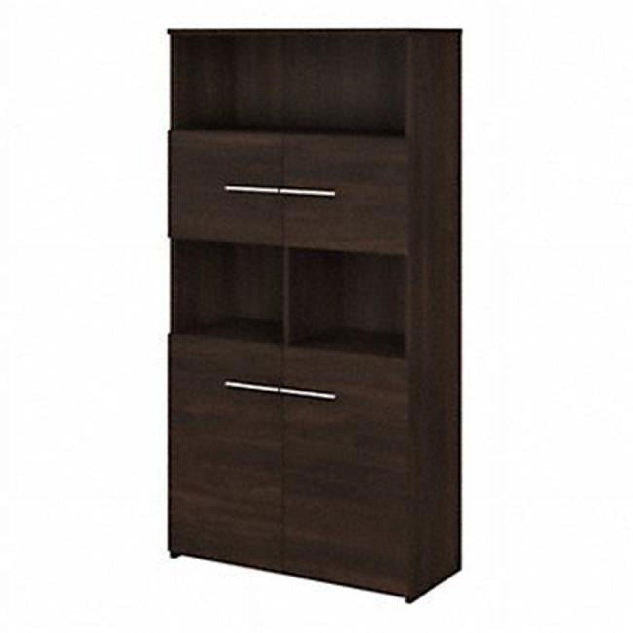 Black Walnut 5-Shelf Bookcase with Hinged Doors