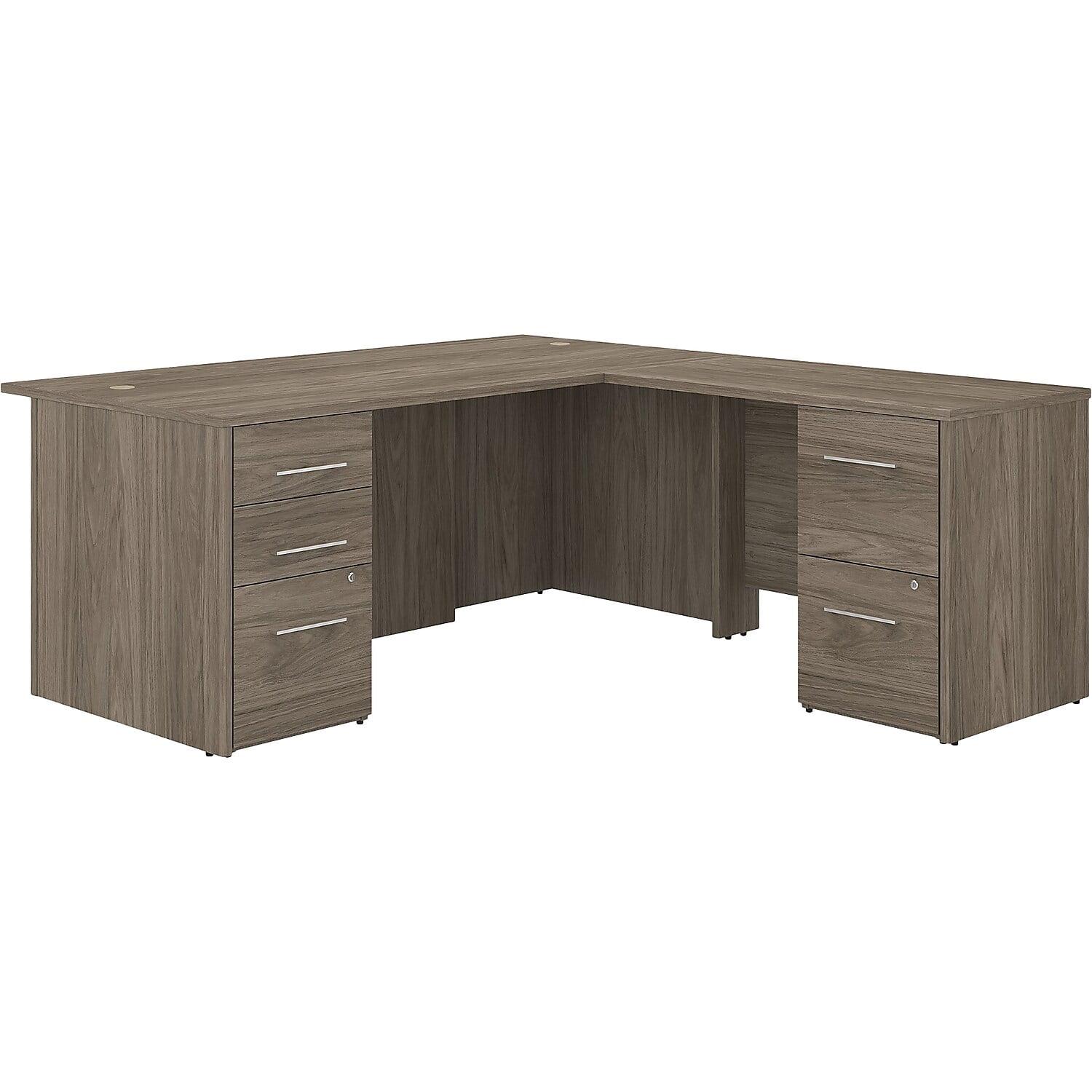 Modern Hickory Executive L-Shaped Desk with Filing Cabinets