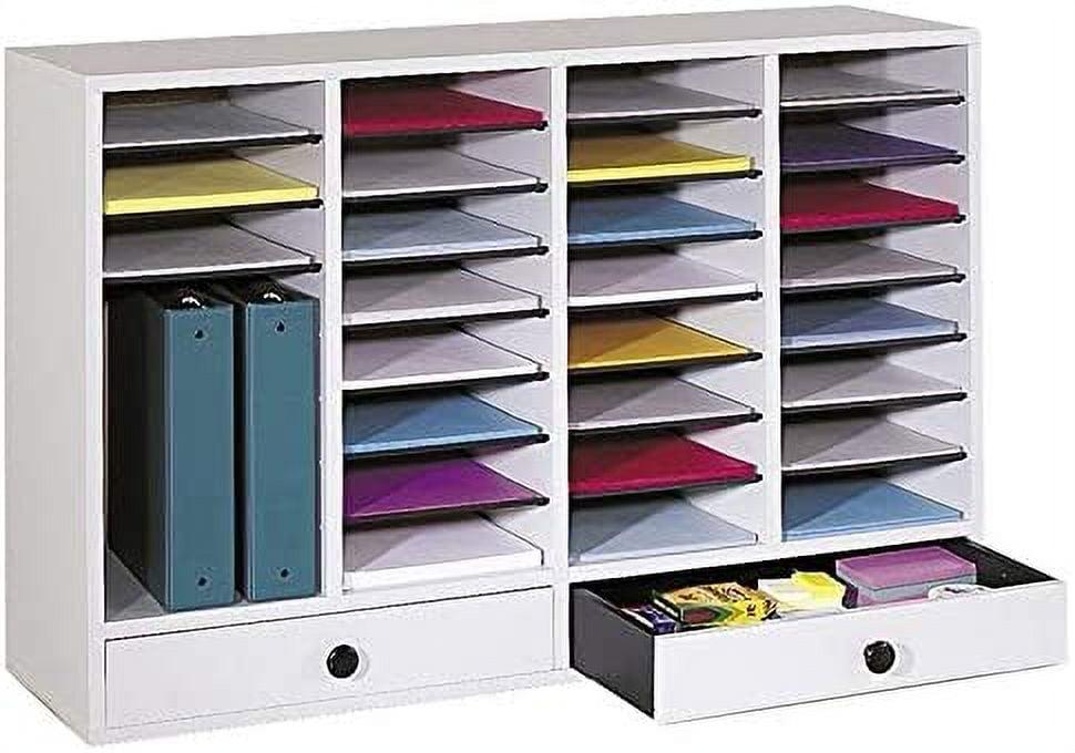 Wood Adjustable Literature Organizer, 32 Compartments with 2 Drawers