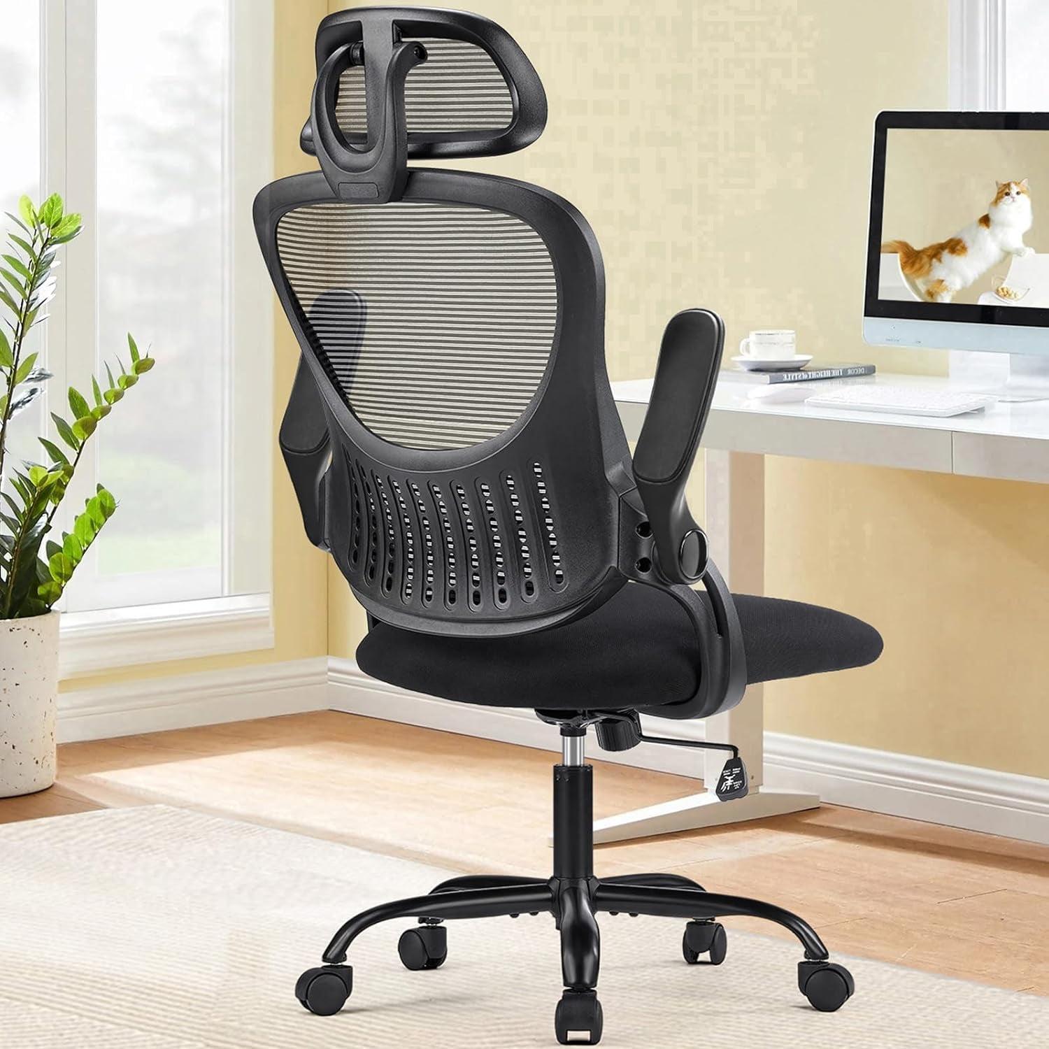 Office Computer Desk Chair, Ergonomic High-Back Mesh Rolling Work Chairs with Wheels and Adjustable Headrests, Comfortable Lumbar Support, Comfy Flip-up Arms for Home, Bedroom, Study,Black