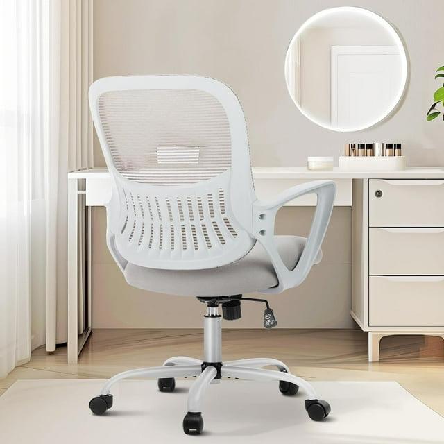 Sweetcrispy Office Computer Desk Managerial Executive Chair, Ergonomic Mid-Back Mesh Rolling Work Swivel Chairs with Wheels, Comfortable Lumbar Support, Comfy Arms for Home,Bedroom,Study,Student,Grey