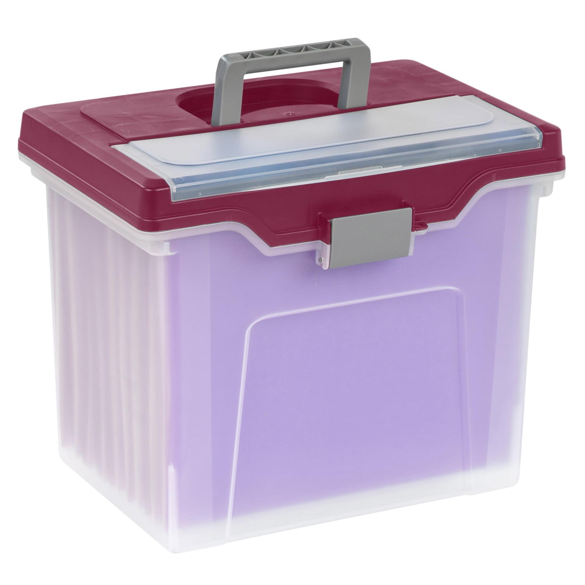 Clear and Burgundy Lockable Mobile File Box with Handle