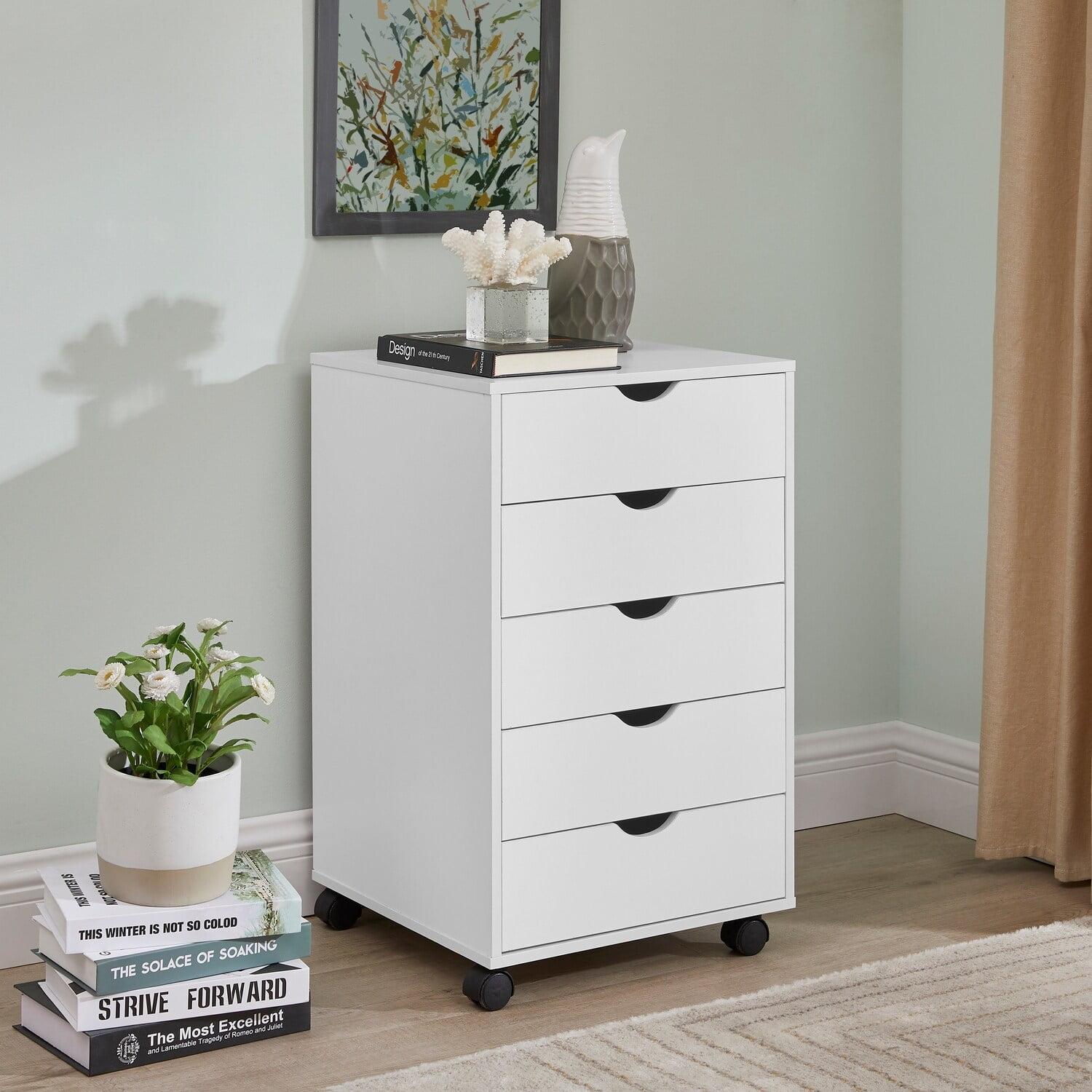 White Mobile 5-Drawer Wooden Office File Cabinet