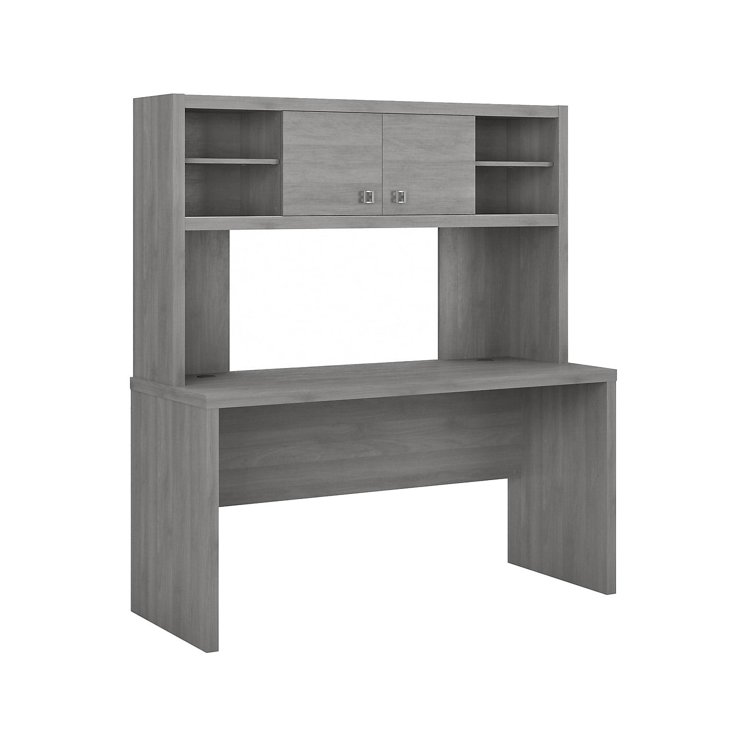 Modern Gray Wood Credenza Desk with Hutch and Filing Cabinet