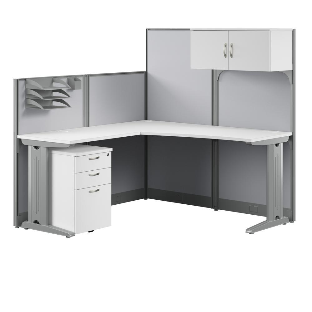 Pure White L Shaped Cubicle Desk with Storage and Privacy Panels