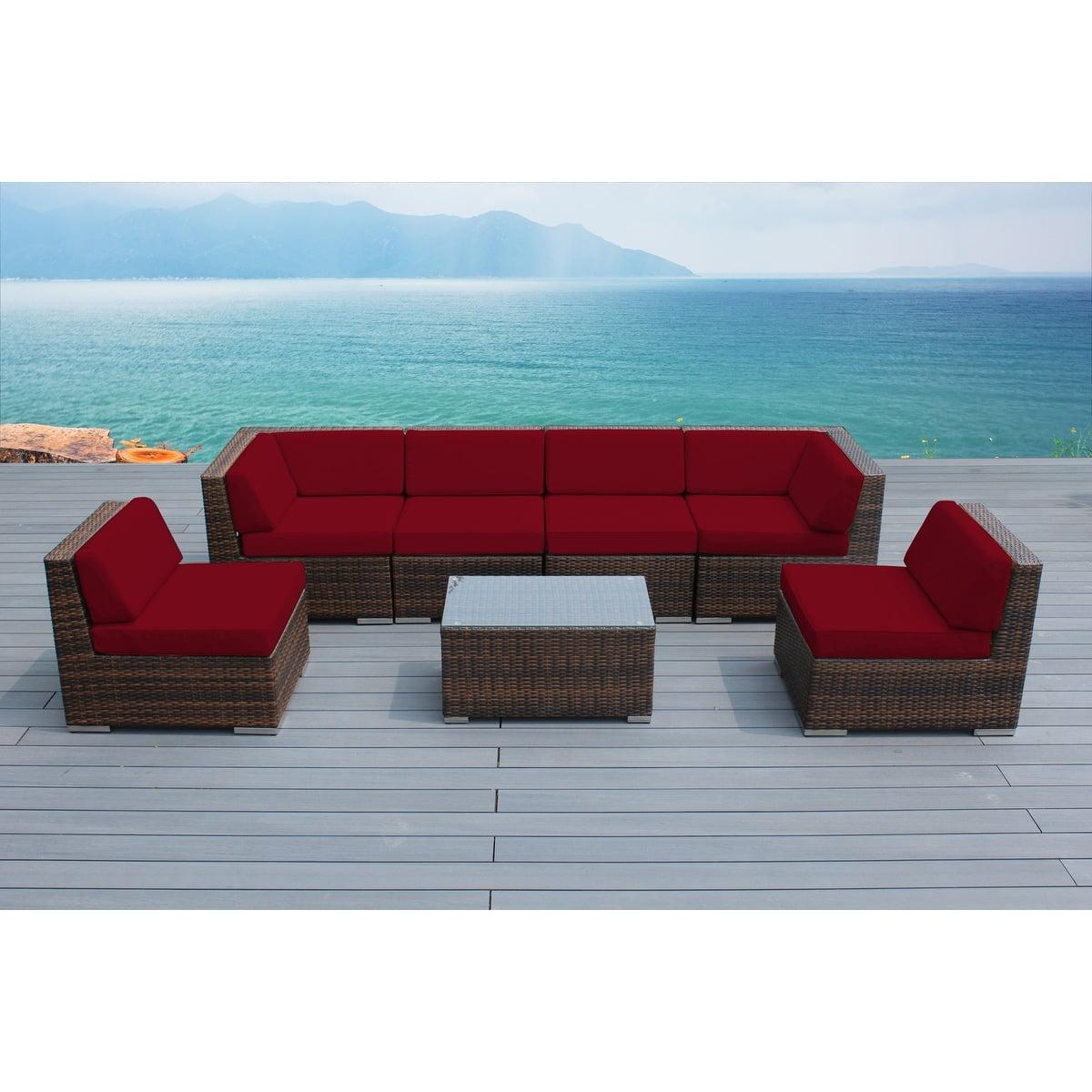 Ohana Depot Ohana Outdoor Patio 7 Piece Mixed Brown Wicker Sectional with Cushions - No Assembly Red