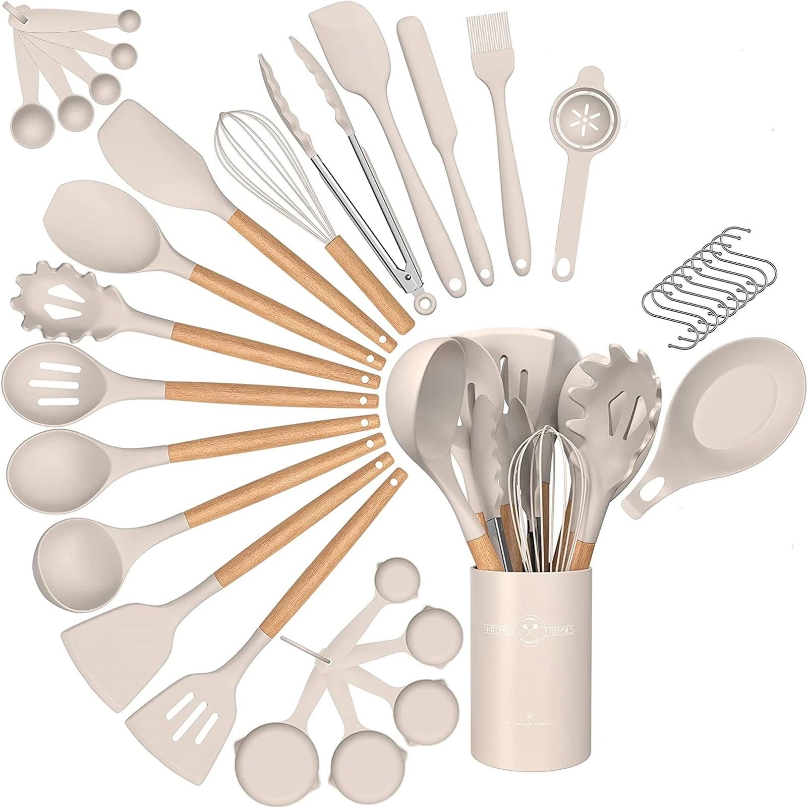 Cream White 33-Piece Silicone and Wood Cooking Utensil Set