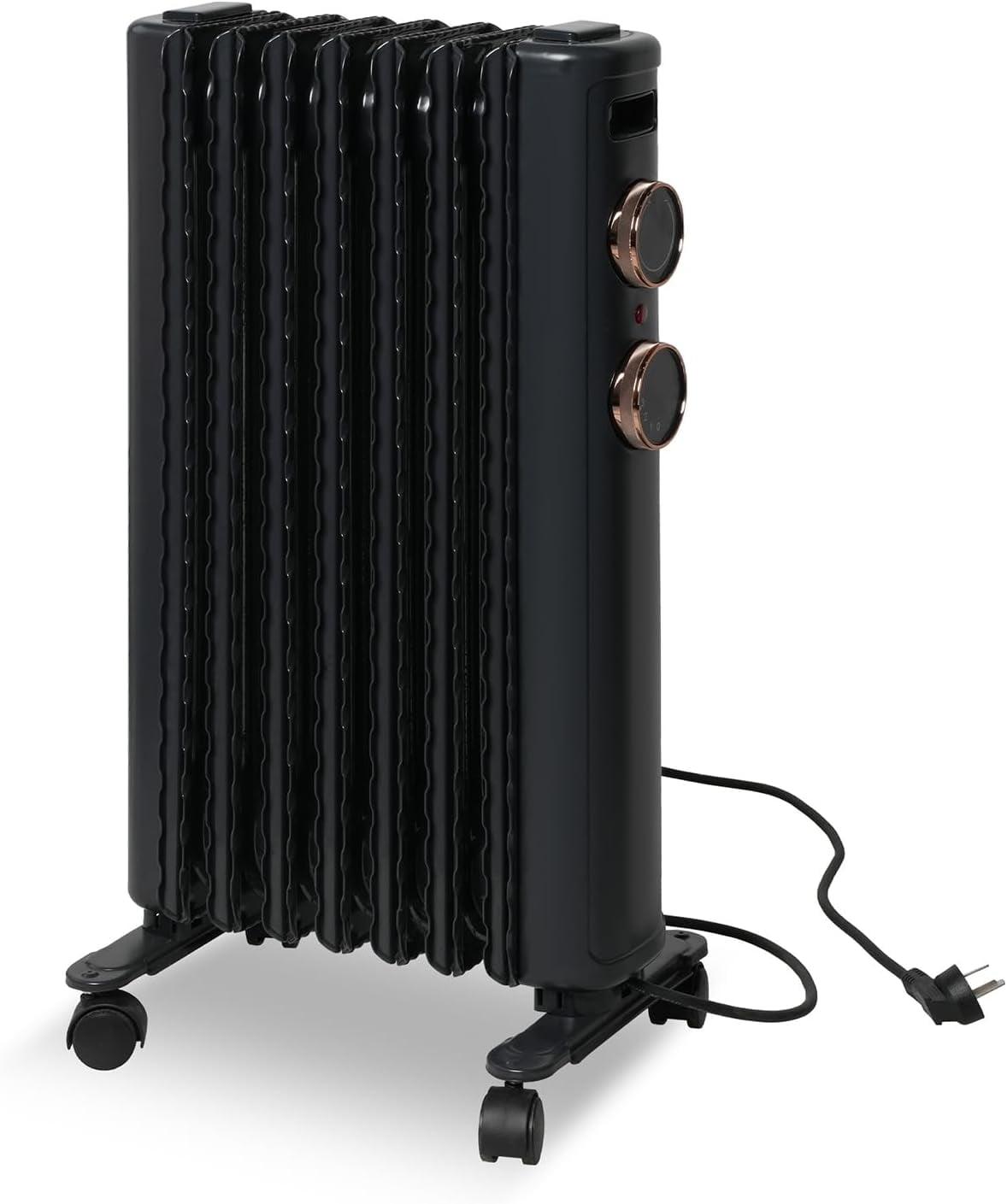 Matte Black Oil-Filled Radiant Heater with Wheels and Thermostat