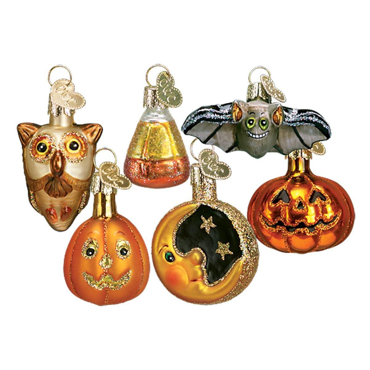 Miniature Halloween Glass Ornament Set with Pumpkin and Owl