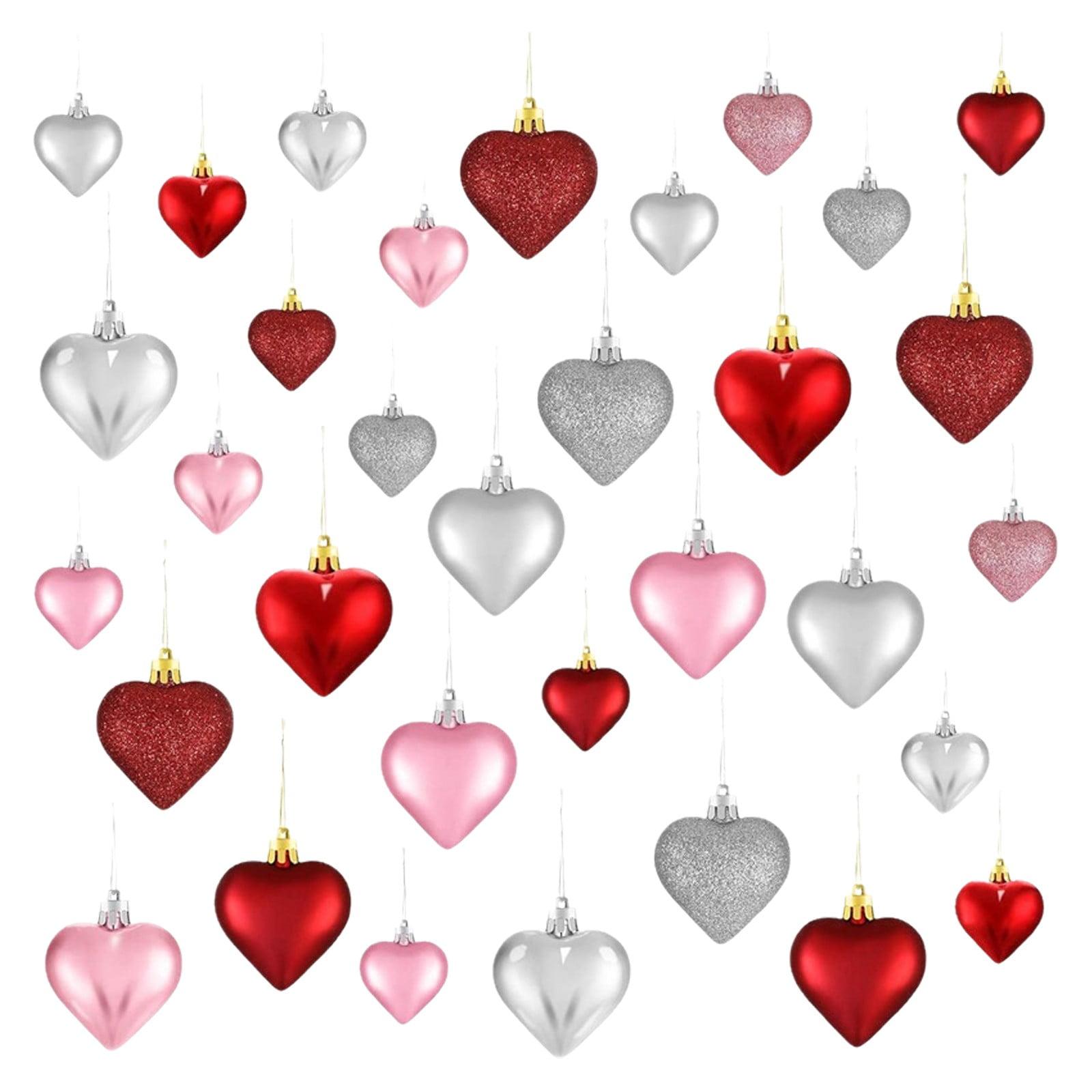 Valentine's Day Decor Heart Shaped Ornaments, 36PCS Valentines Heart Decorations, Romantic Valentine's Day Hanging Decorations, Red Pink Silver Heart Shaped Baubles for Home Wedding Party