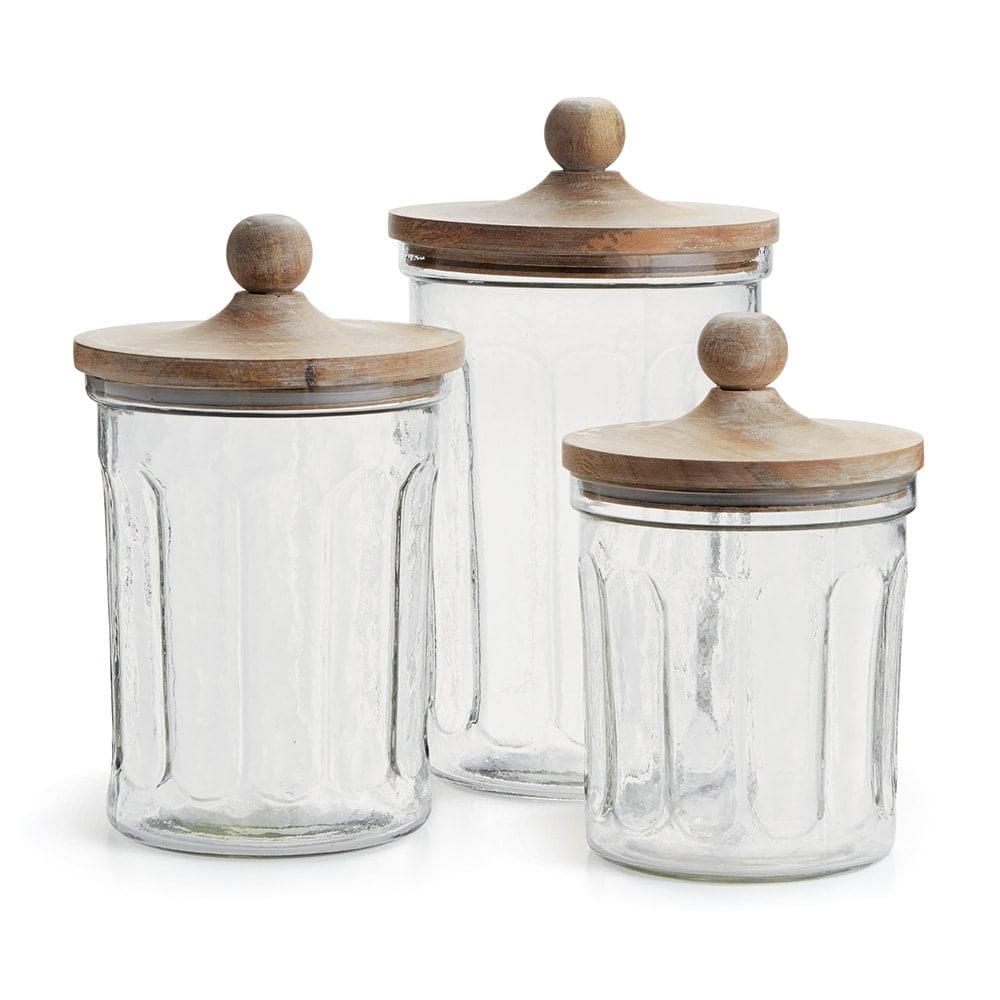 Clear Glass and Wood Lid Canister Set of 3