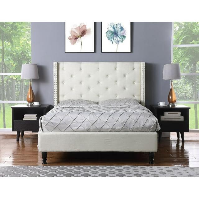 Oliver and Smith Full Upholstered Platform Bed Frame Light Beige - 51 Inch Tall Button Tufted Headboard - Soft Linen Fabric Wood Slats - Modern Fabric Design - Easy Assembly (ASTOR)