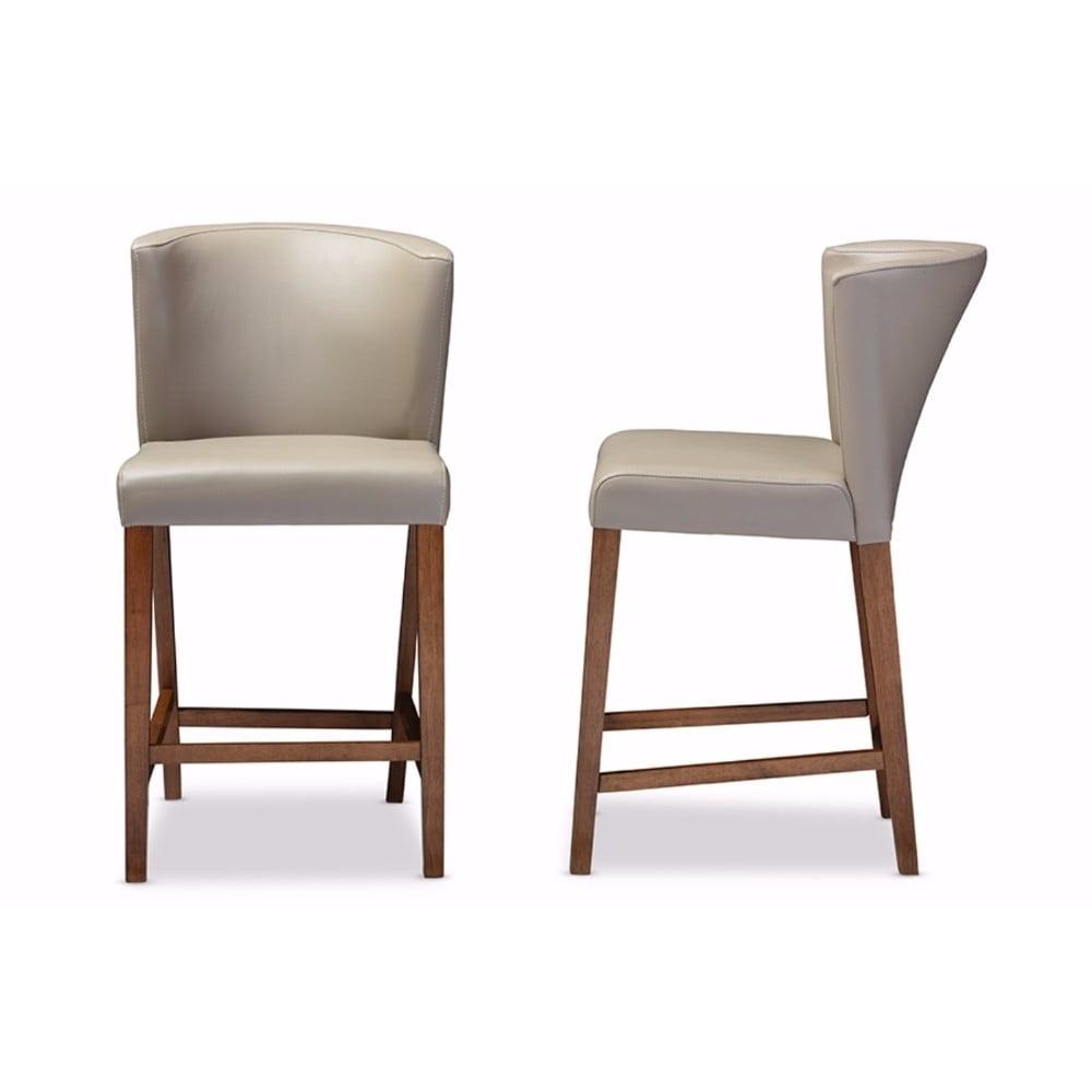 Mid-Century Modern Walnut Wood & Grey Faux Leather Pub Stools (Set of 2)