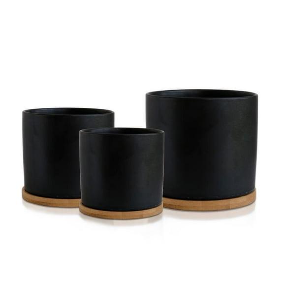 Olly & Rose Black Set 3 Ceramic Plant Pots with Bamboo Coasters Indoor Planters with Saucers