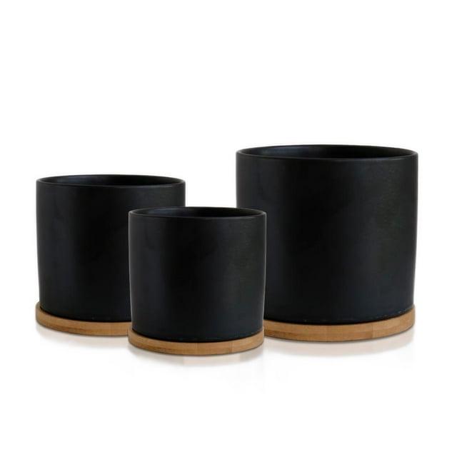 Olly & Rose Black Set 3 Ceramic Plant Pots with Bamboo Coasters Indoor Planters with Saucers