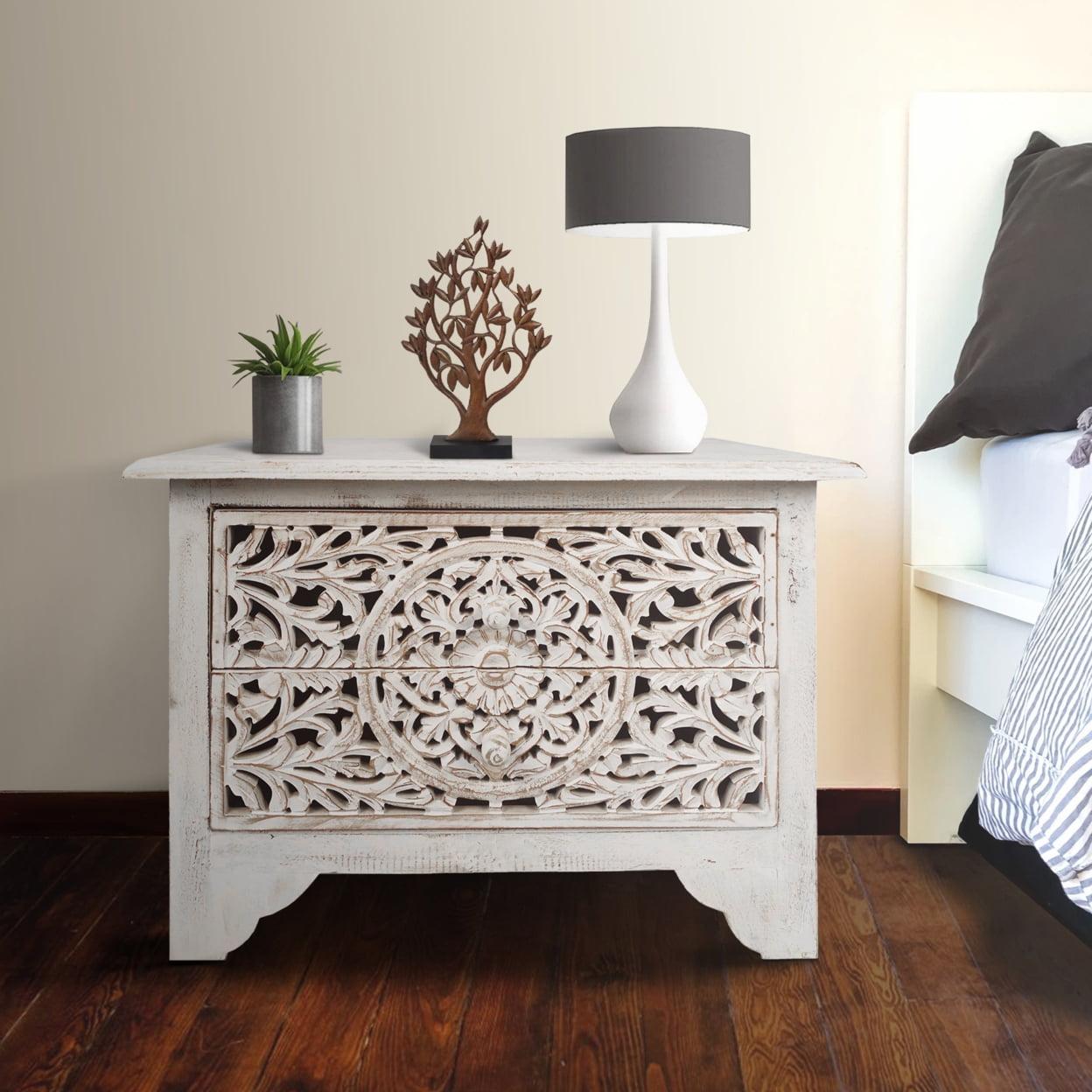 The Urban Port 24" Handcrafted Mango Wood Nightstand Side Table 2 Drawers Floral Carved Cut Out Design Antique White
