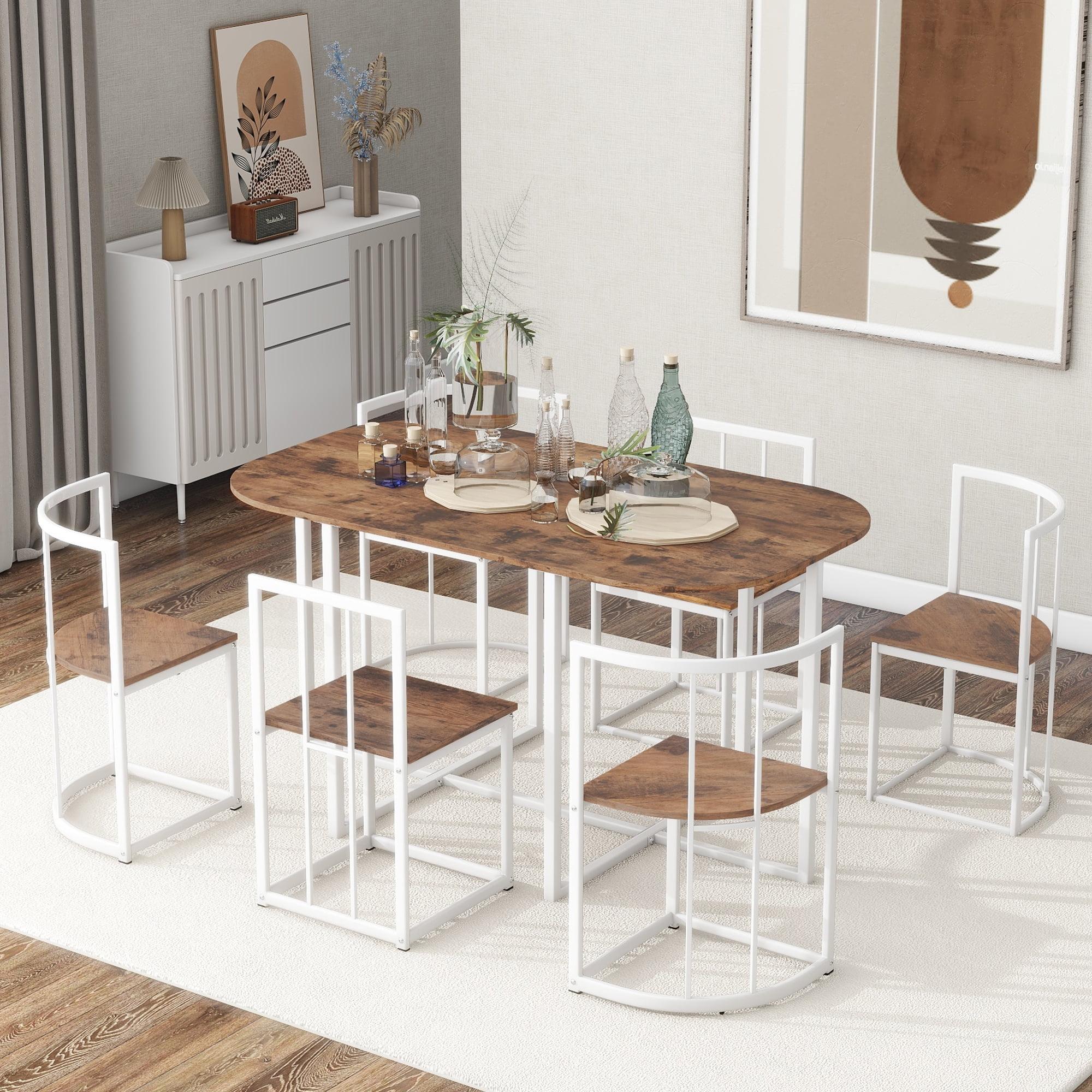 Compact 55-Inch Faux Marble Dining Set with 6 Chairs