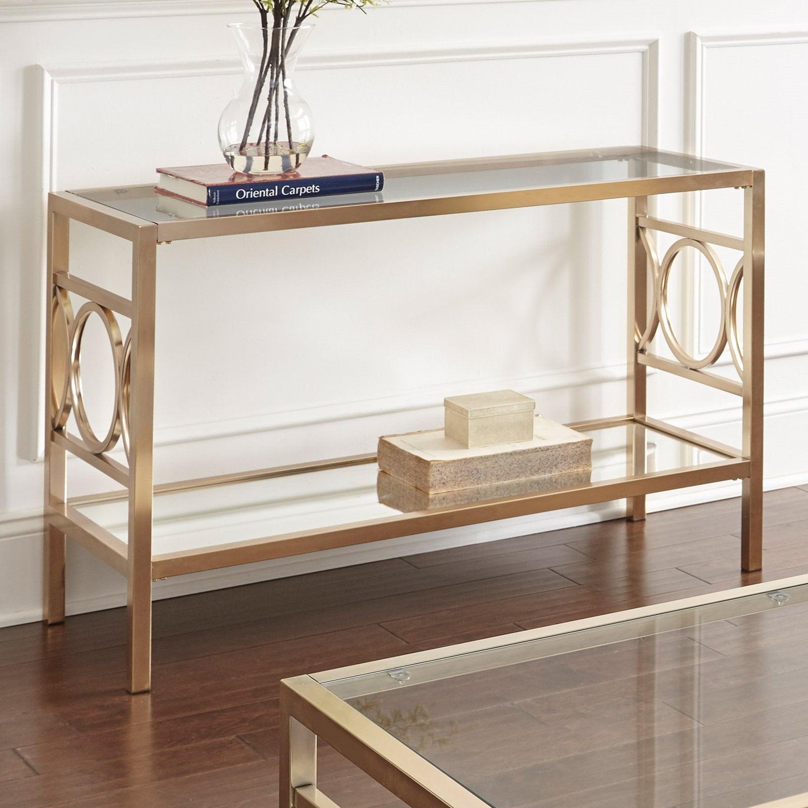 Aurelia Gold Chrome & Glass Sofa Table with Mirrored Shelf